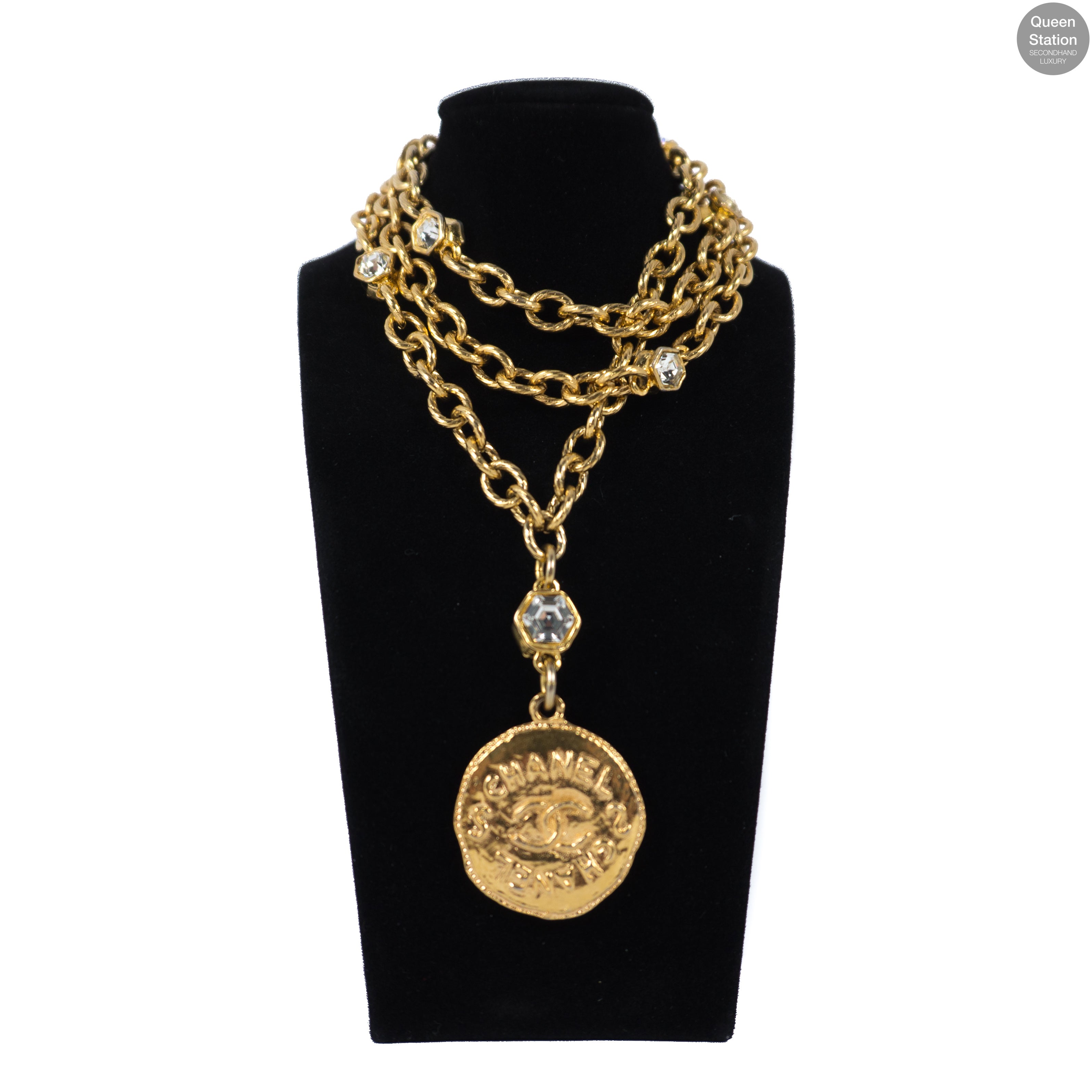 Gold Medallion With Crystals Long Necklace