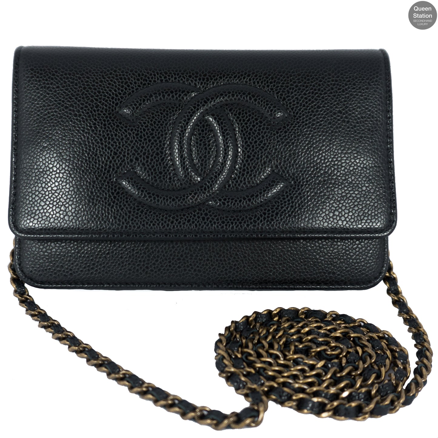 Black Caviarskin Leather Wallet on Chain WOC