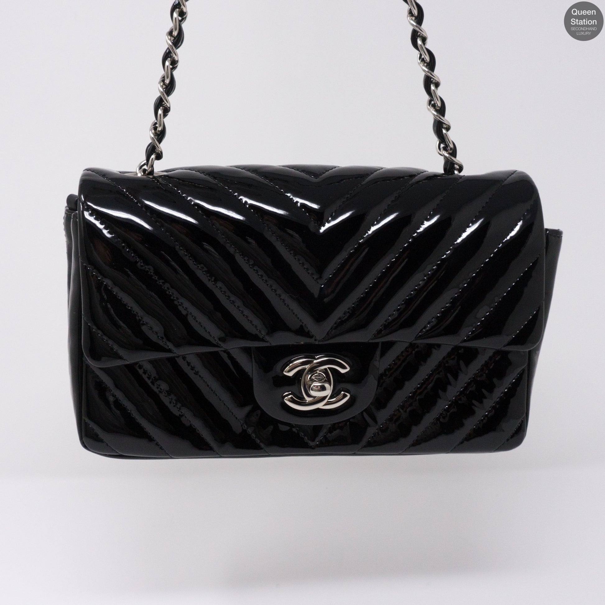 Chanel – Chevron Rectangular Mini Flap Black Patent Leather Bag