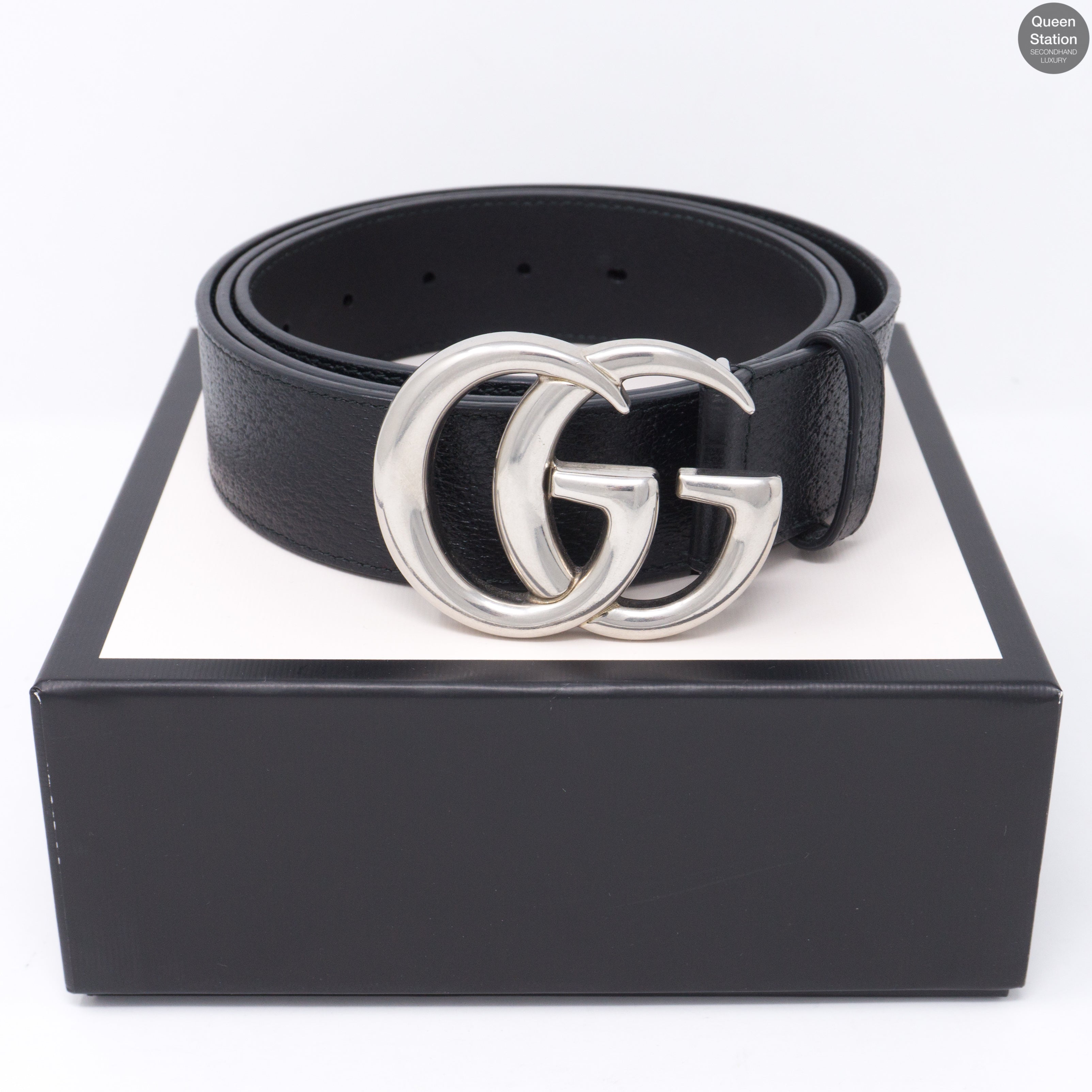 Double G Buckle Black Leather Belt 115 cm