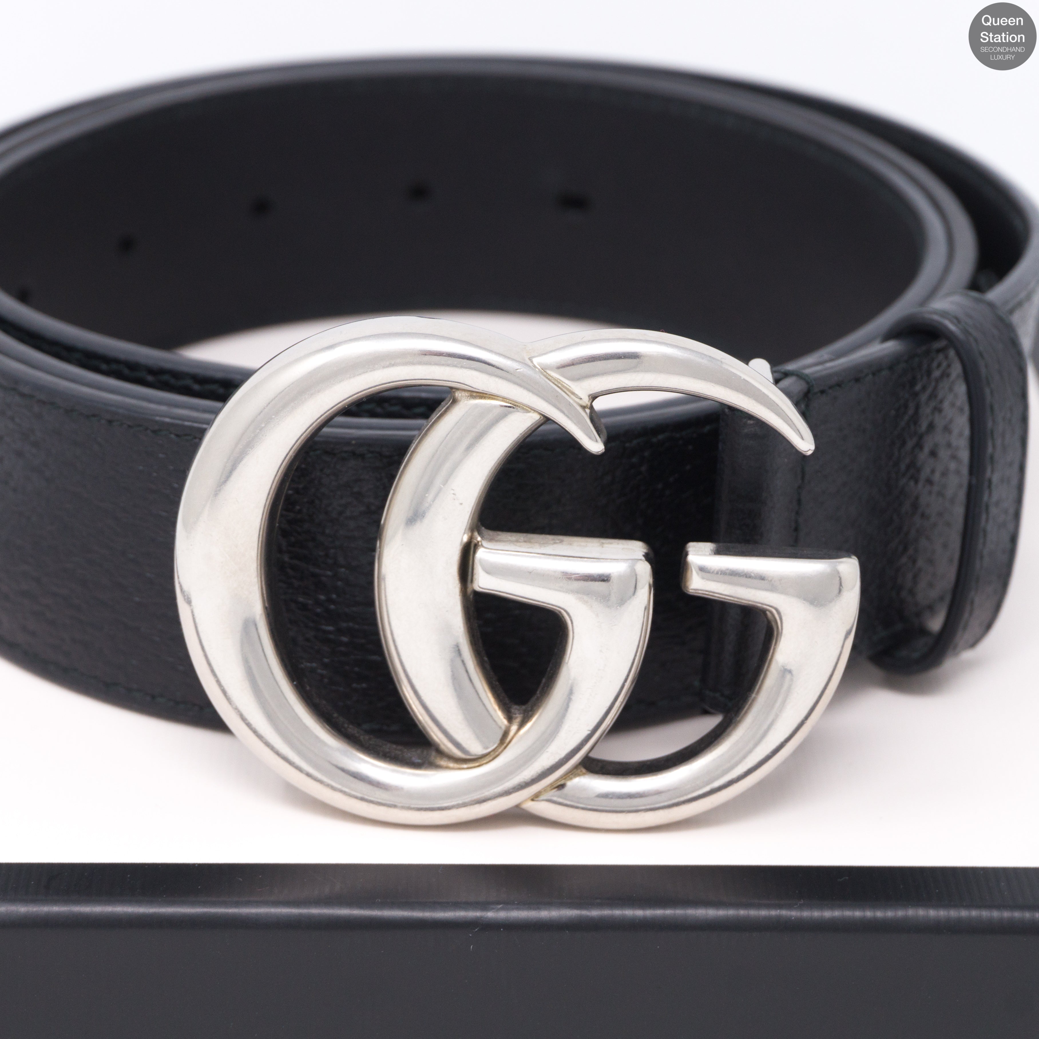 Double G Buckle Black Leather Belt 115 cm