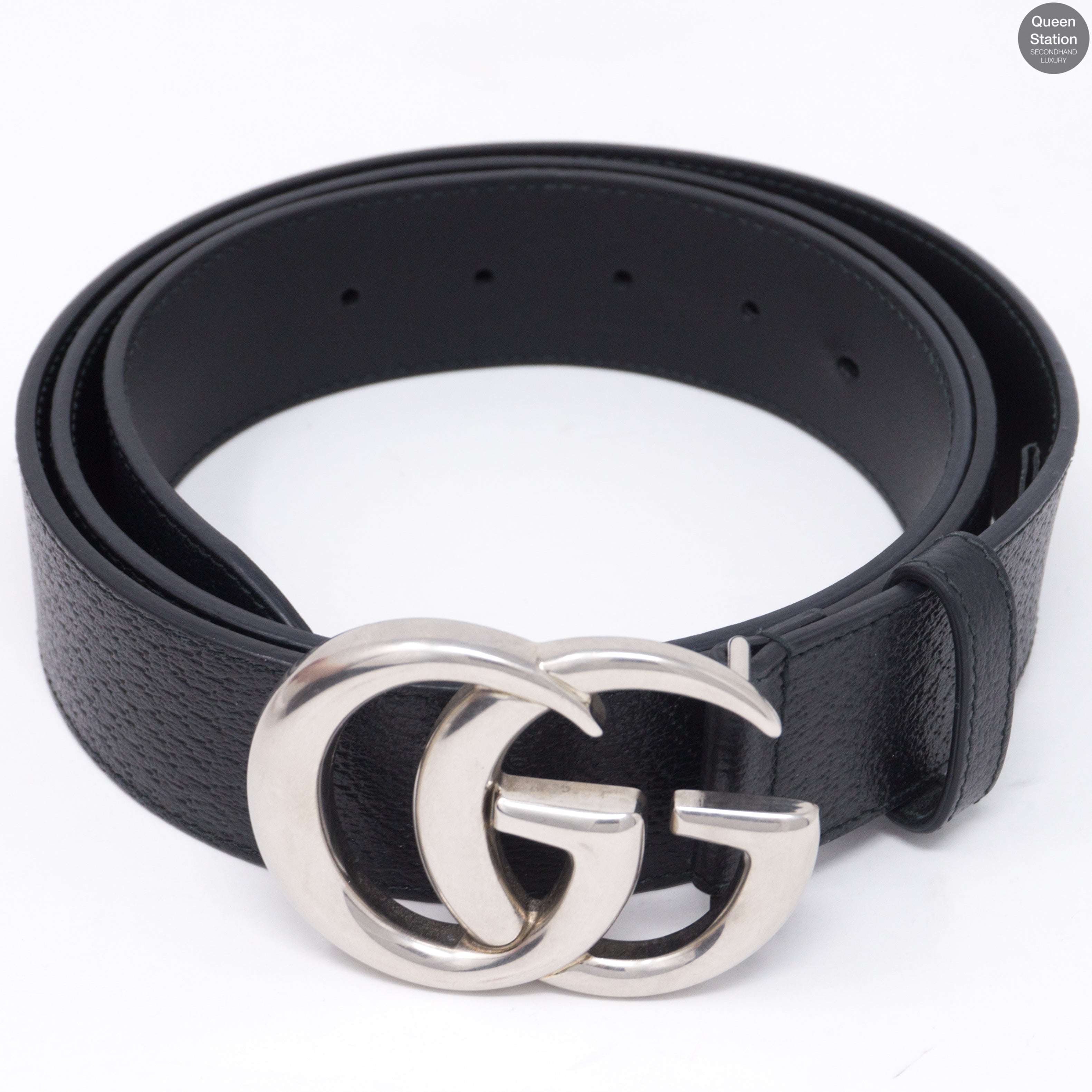 Double G Buckle Black Leather Belt 115 cm