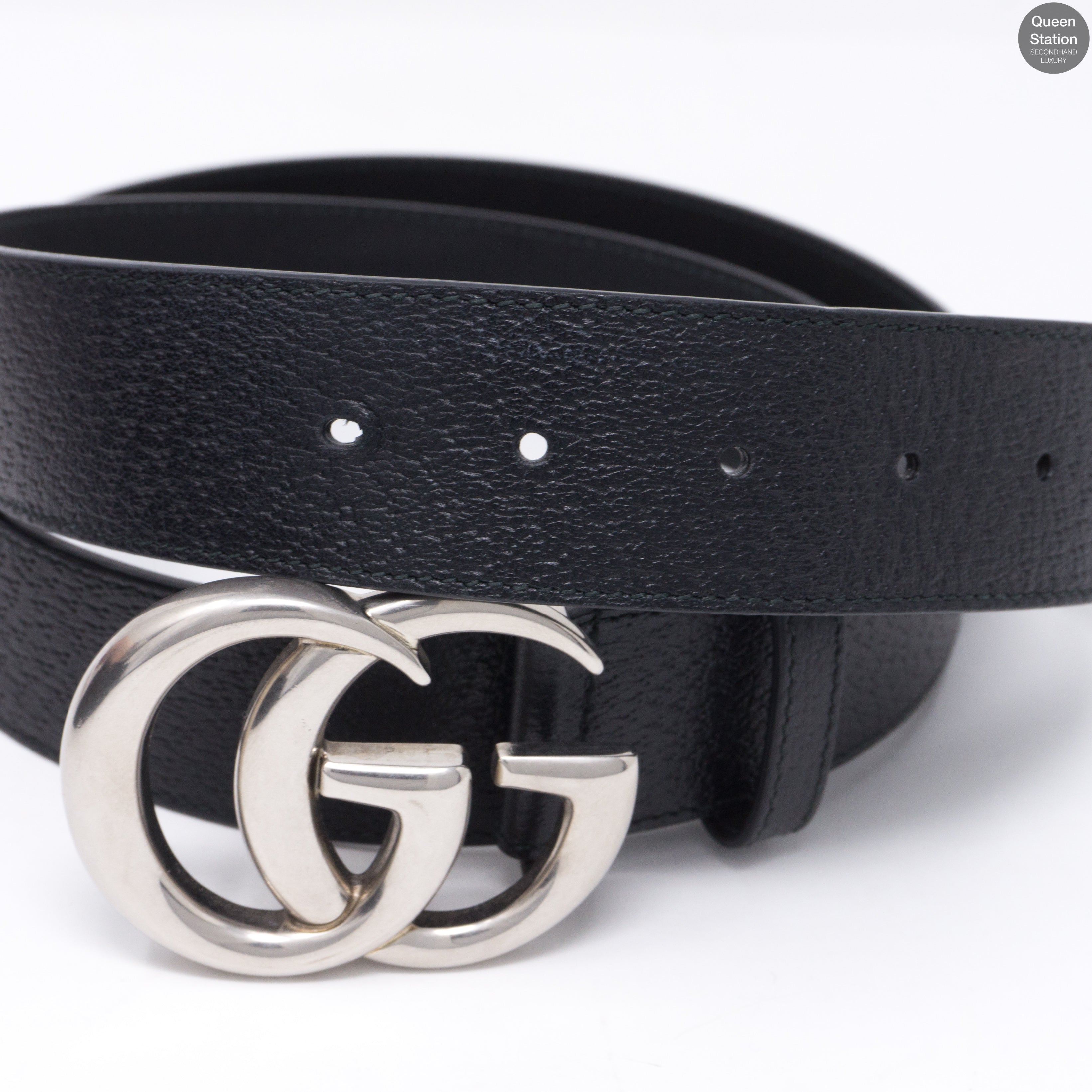 Double G Buckle Black Leather Belt 115 cm