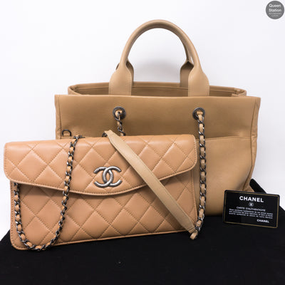 Beige Quilted Tote Bag With Pouch