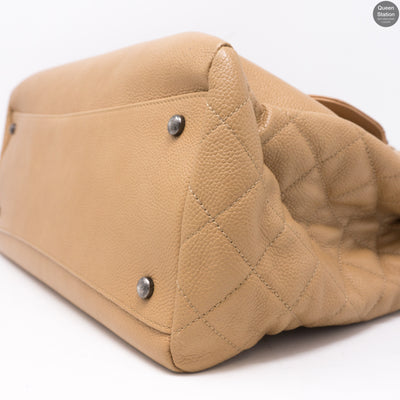 Beige Quilted Tote Bag With Pouch