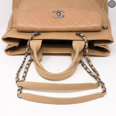 Beige Quilted Tote Bag With Pouch