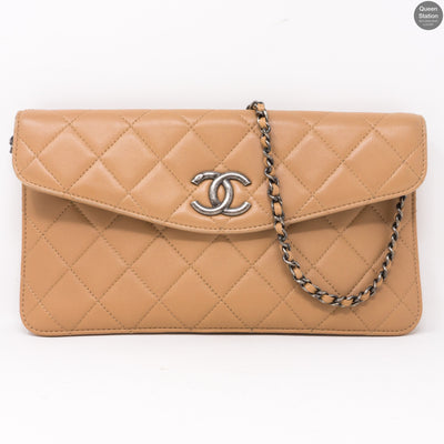 Beige Quilted Tote Bag With Pouch