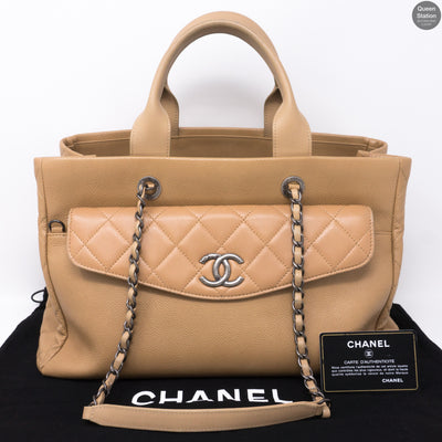 Beige Quilted Tote Bag With Pouch