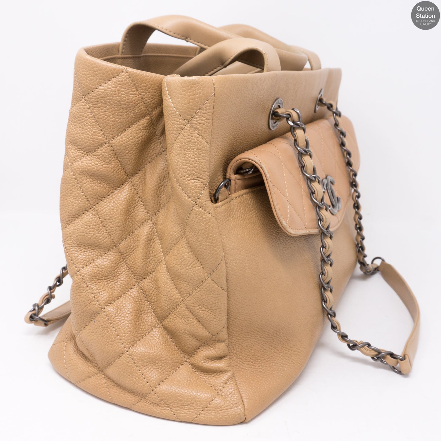 Beige Quilted Tote Bag With Pouch