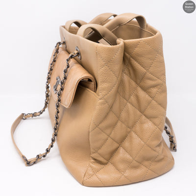 Beige Quilted Tote Bag With Pouch