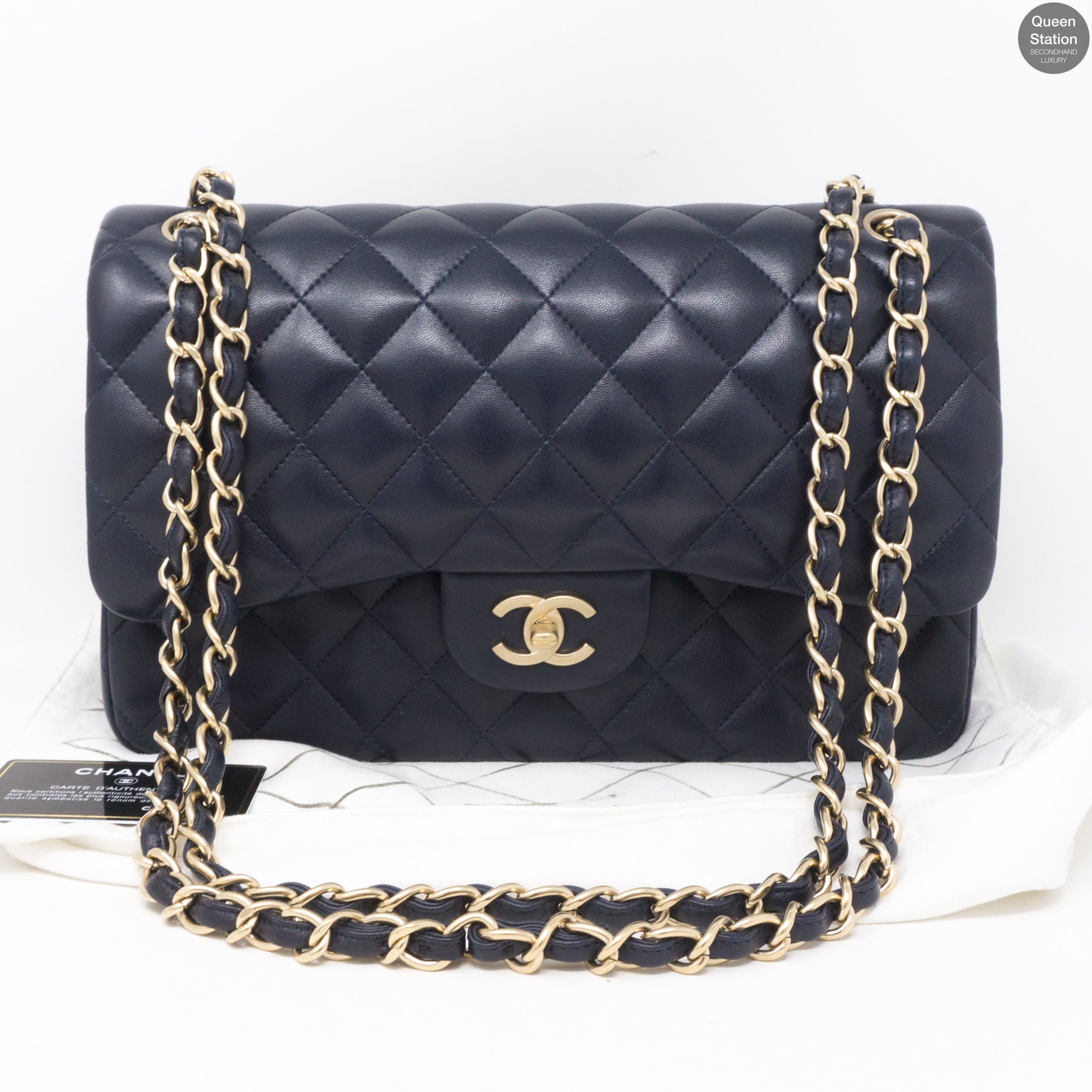 Chanel Navy Blue Quilted Lambskin Leather Classic Jumbo Double