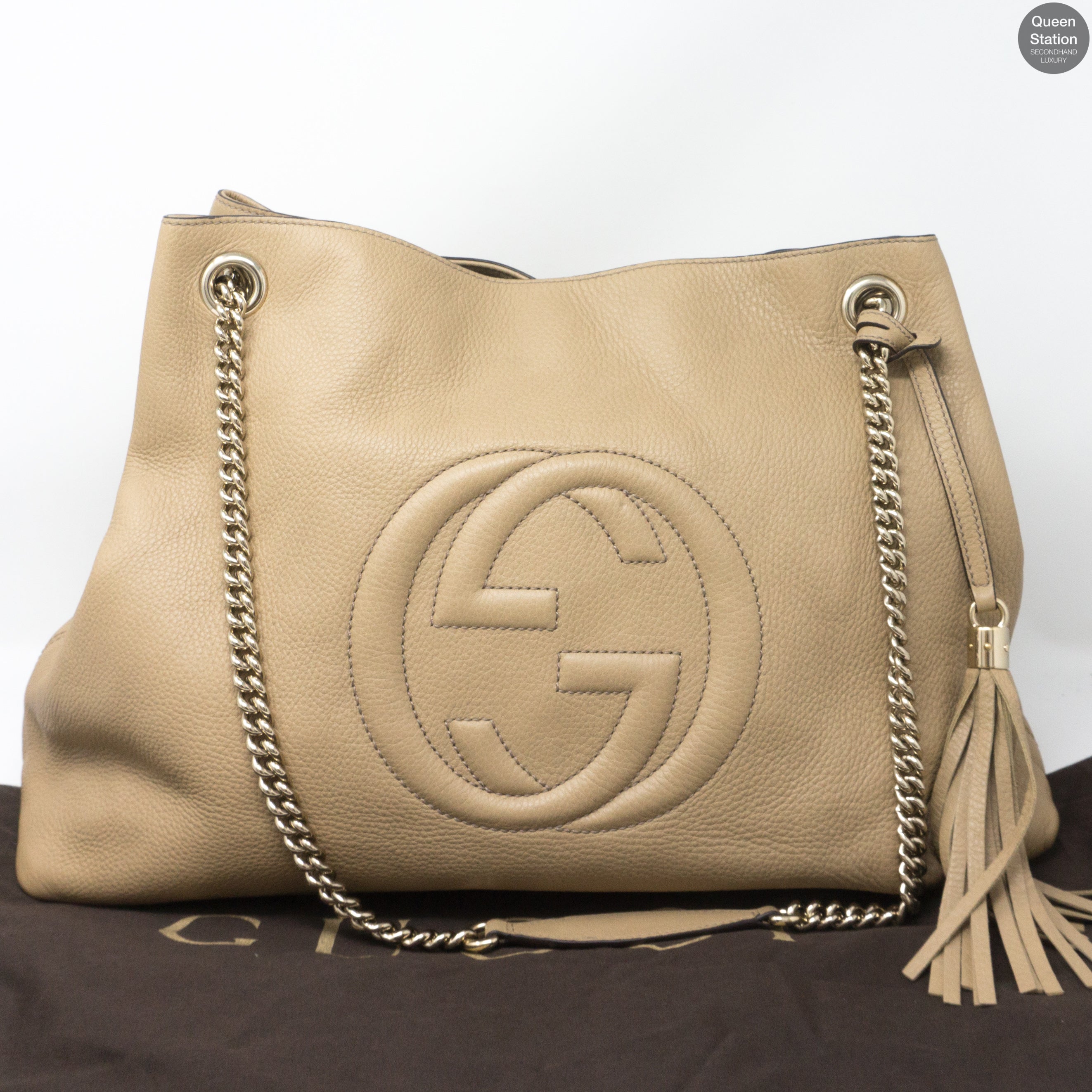 Soho Tassel Chain Large Beige Leather Bag