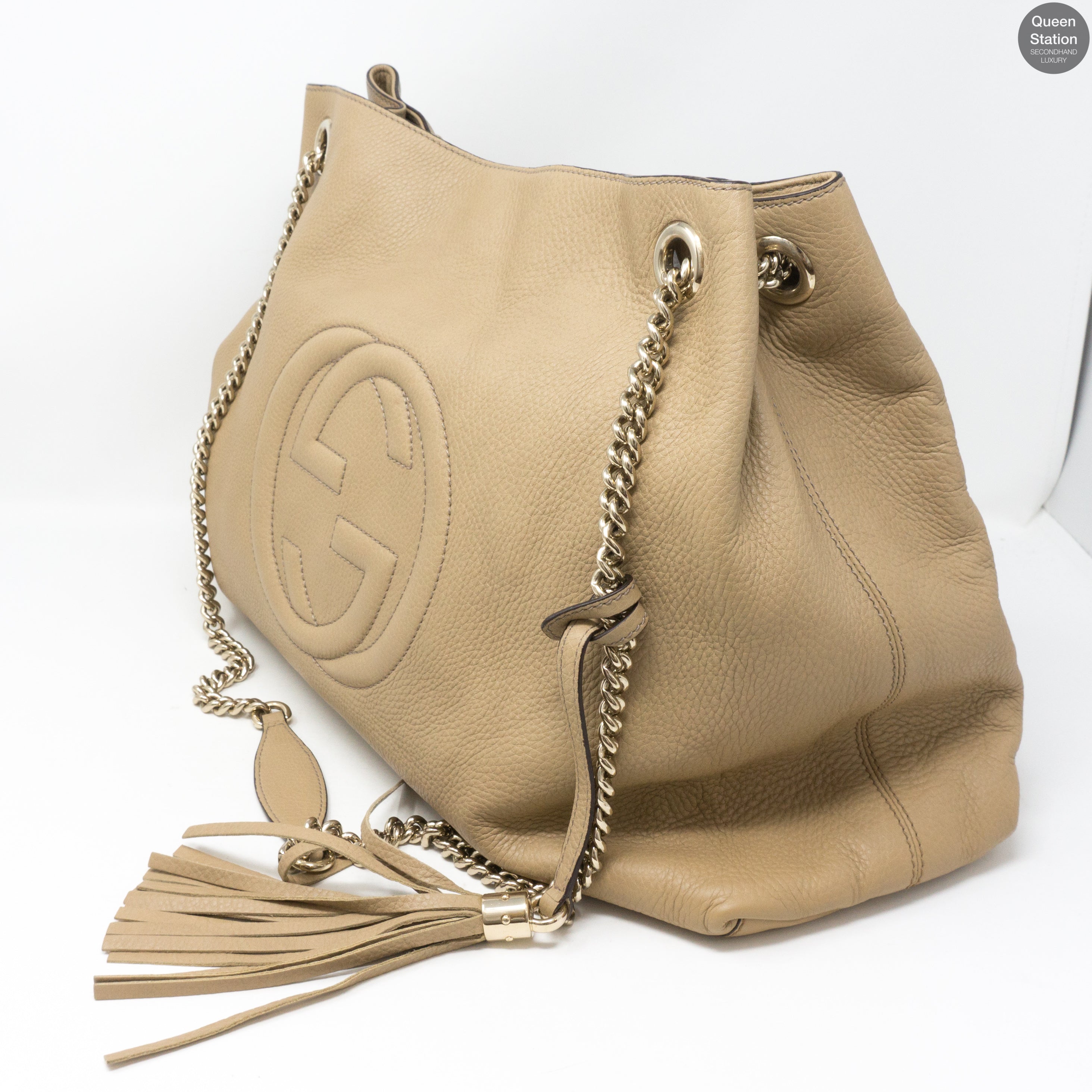 Soho Tassel Chain Large Beige Leather Bag