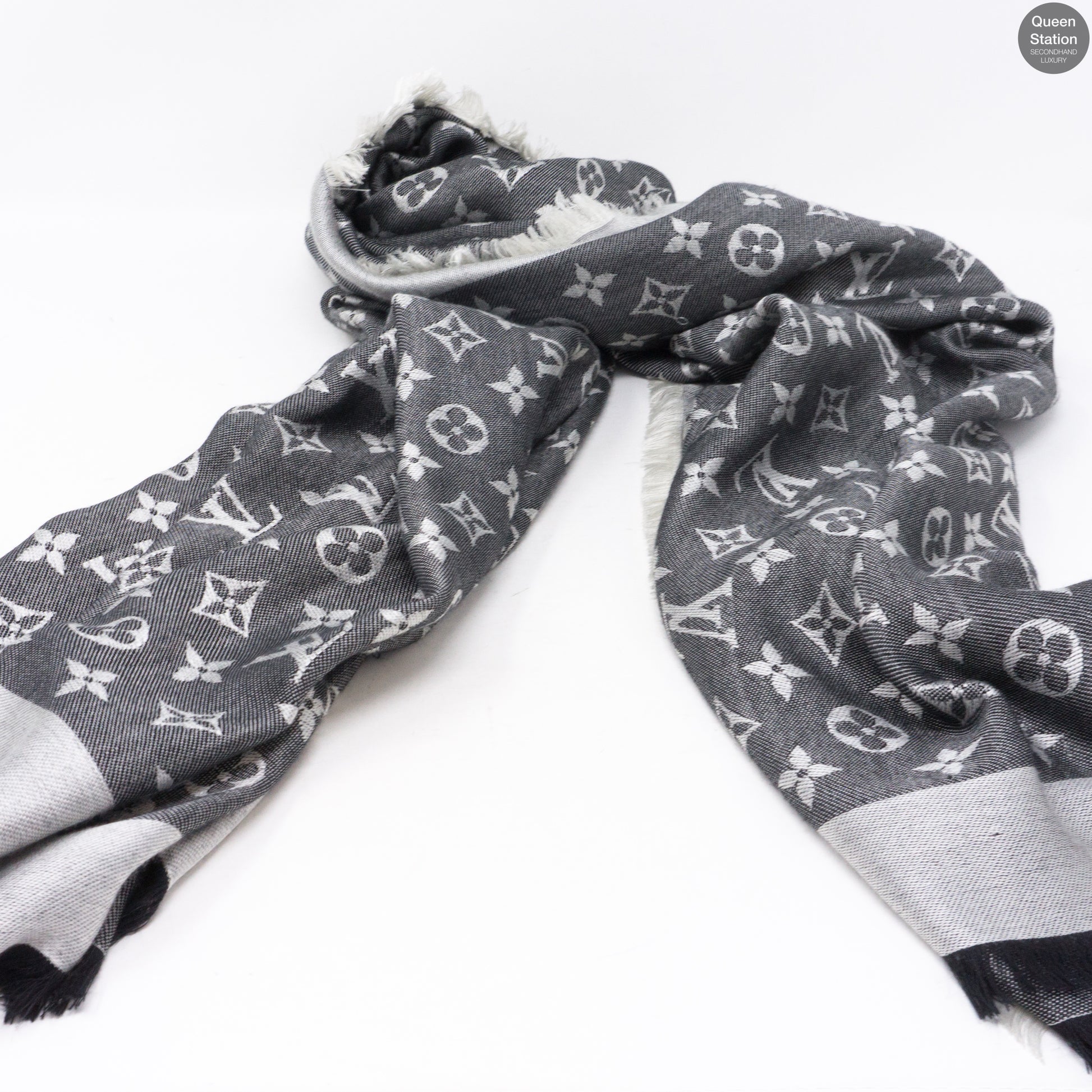 Louis Vuitton Black Monogram Denim Silk/Wool Shawl Scarf - Yoogi's