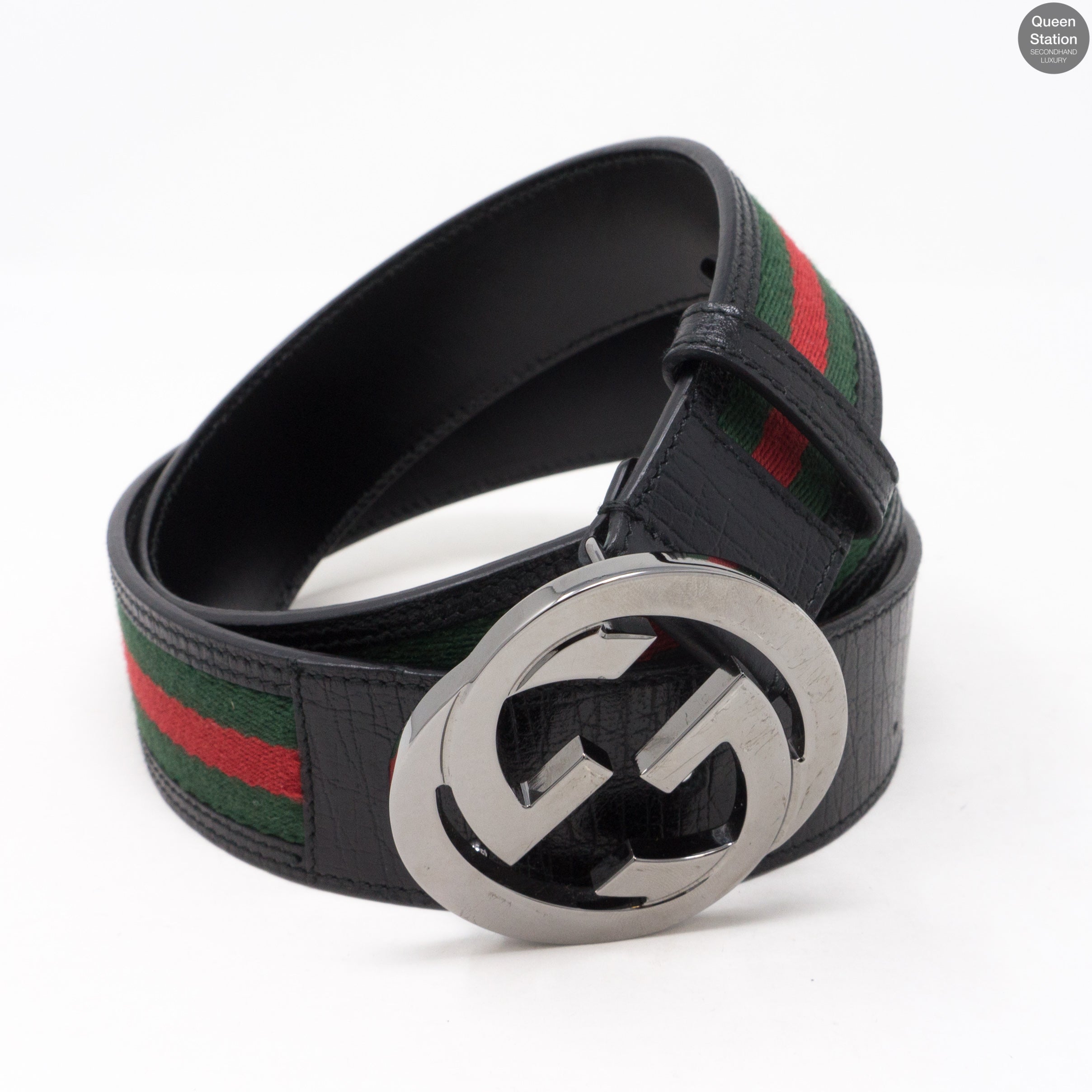 Interlocking G Buckle Black Leather Belt 90 cm