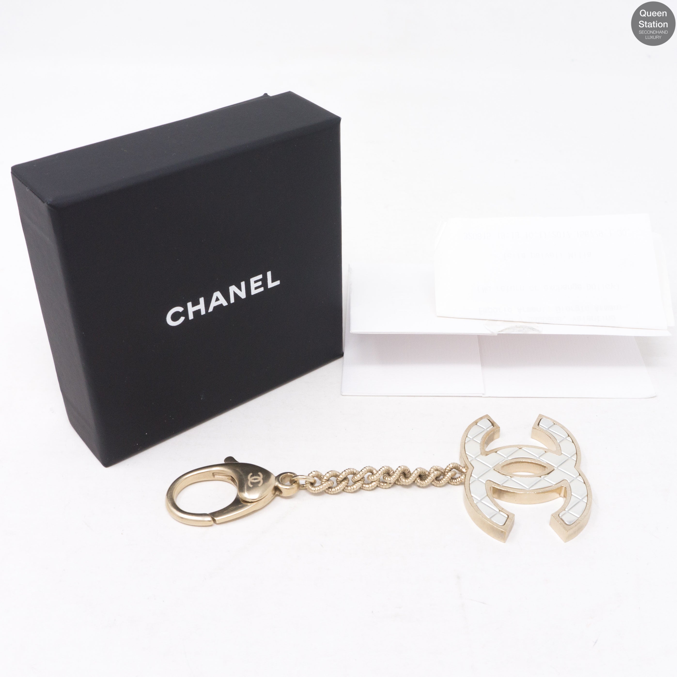 Quilted CC Bag Charm Gold Pearly White