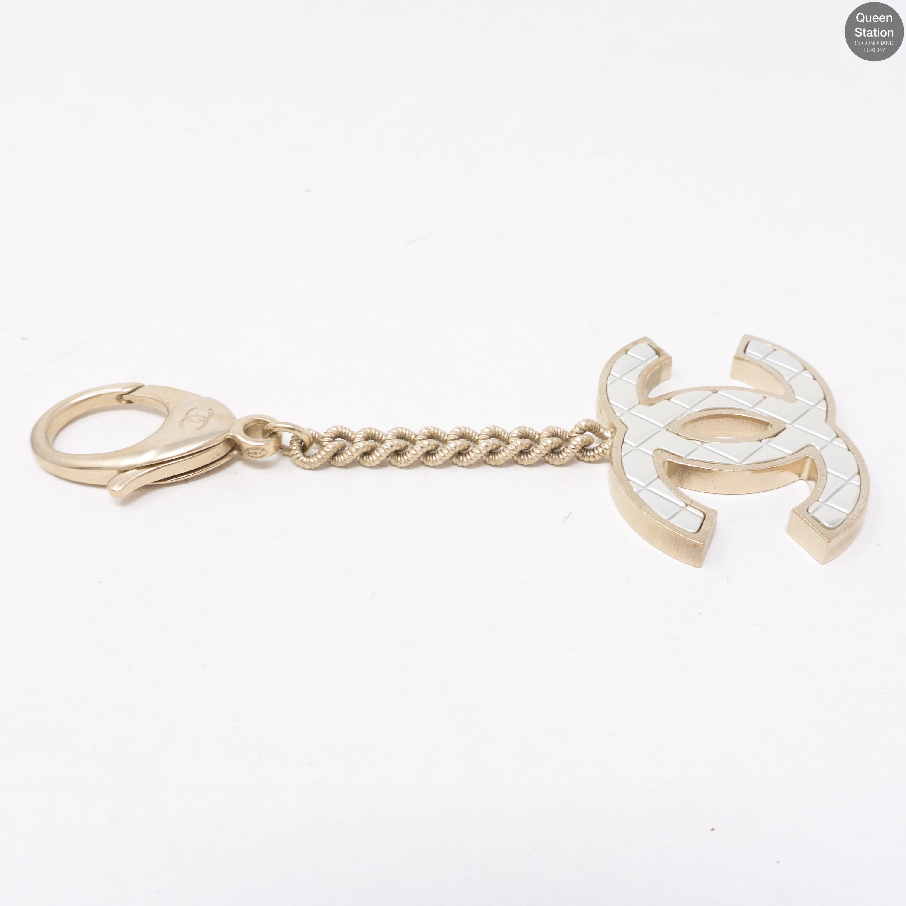 Quilted CC Bag Charm Gold Pearly White