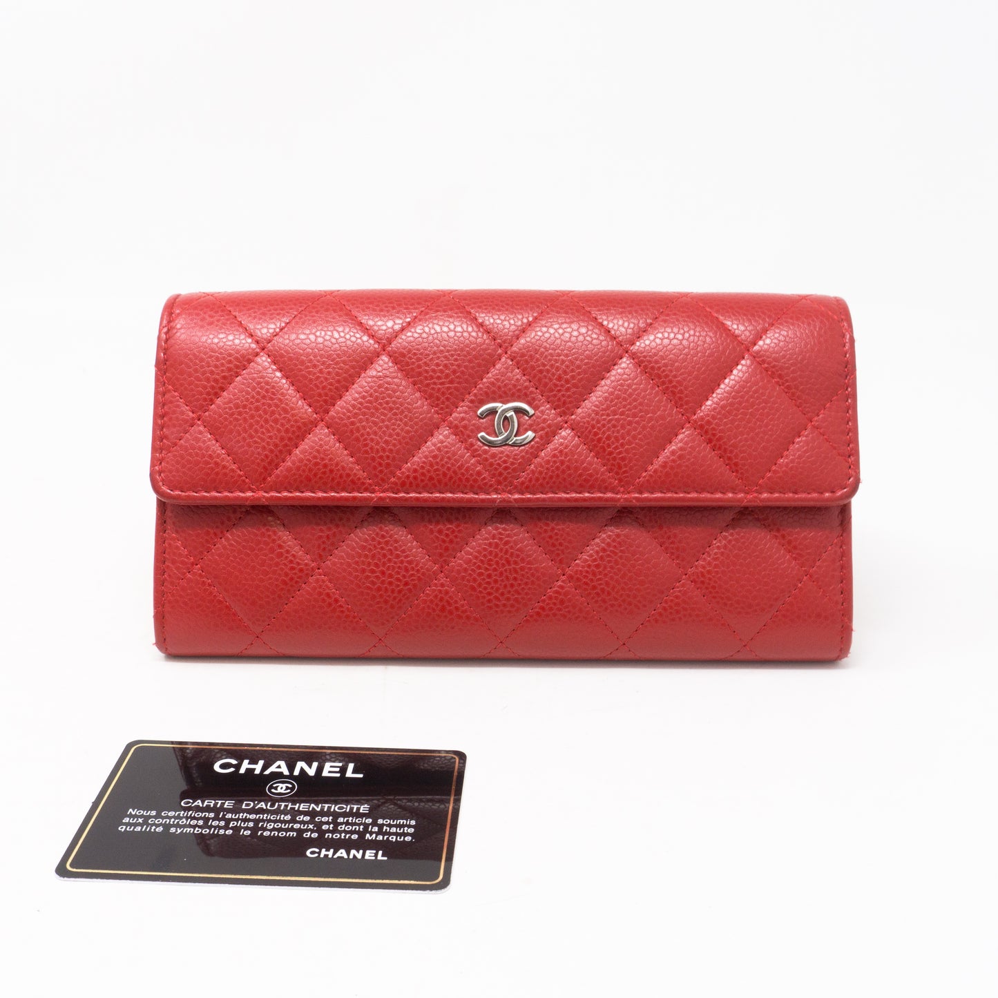 Chanel Red Caviar Leather Long Wallet Silver CC – On Que Style
