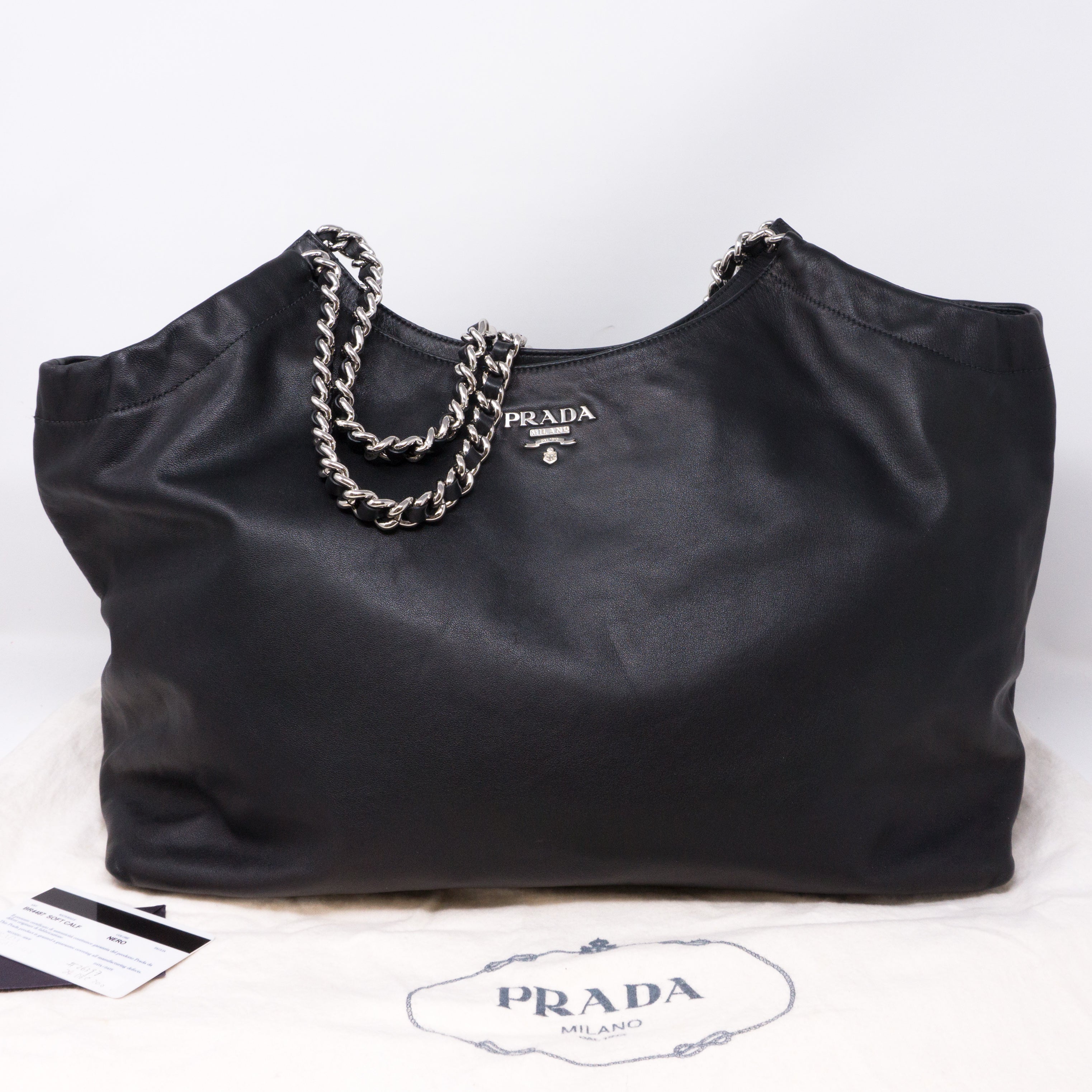 Soft Calfskin Black Leather Chain Tote Bag