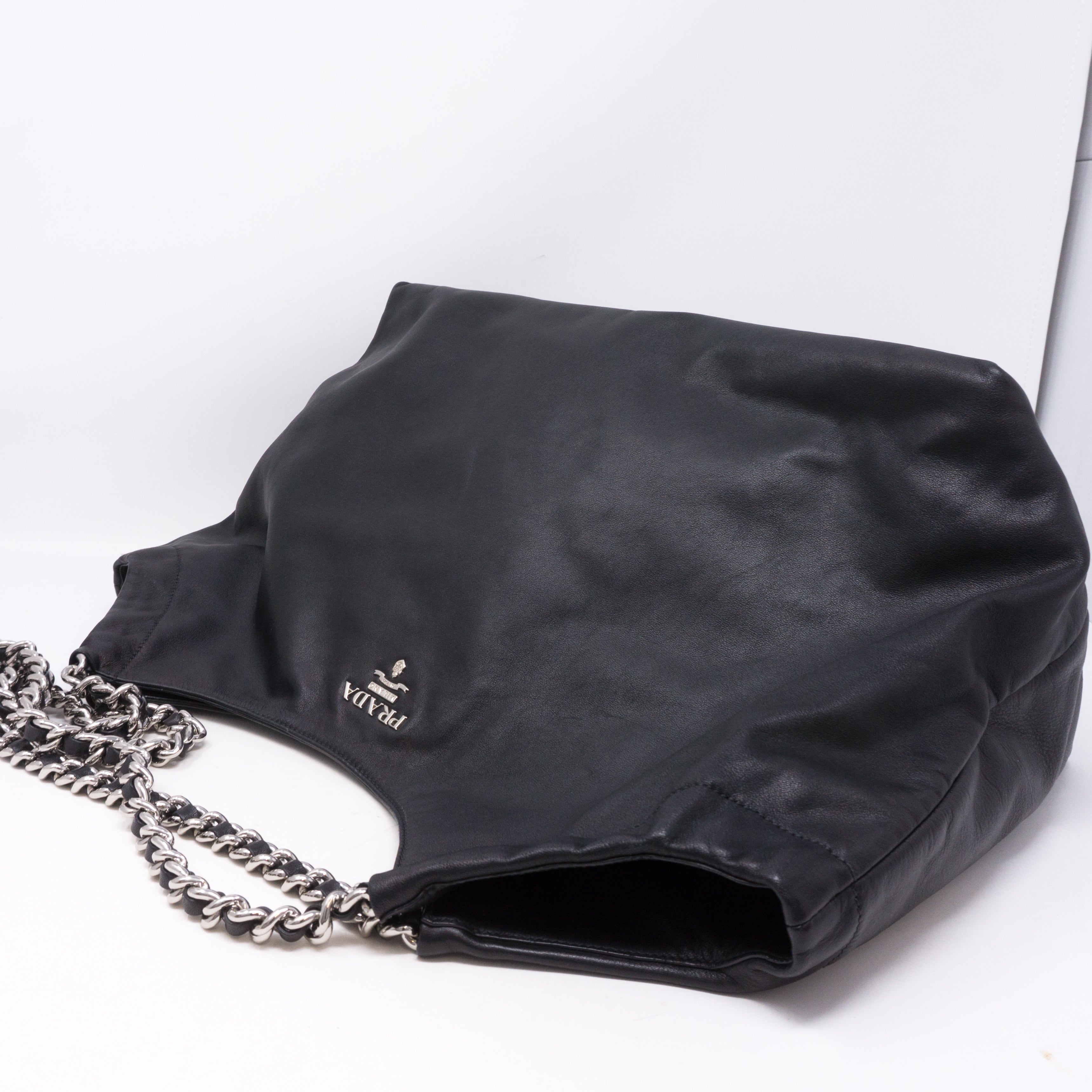 Soft Calfskin Black Leather Chain Tote Bag