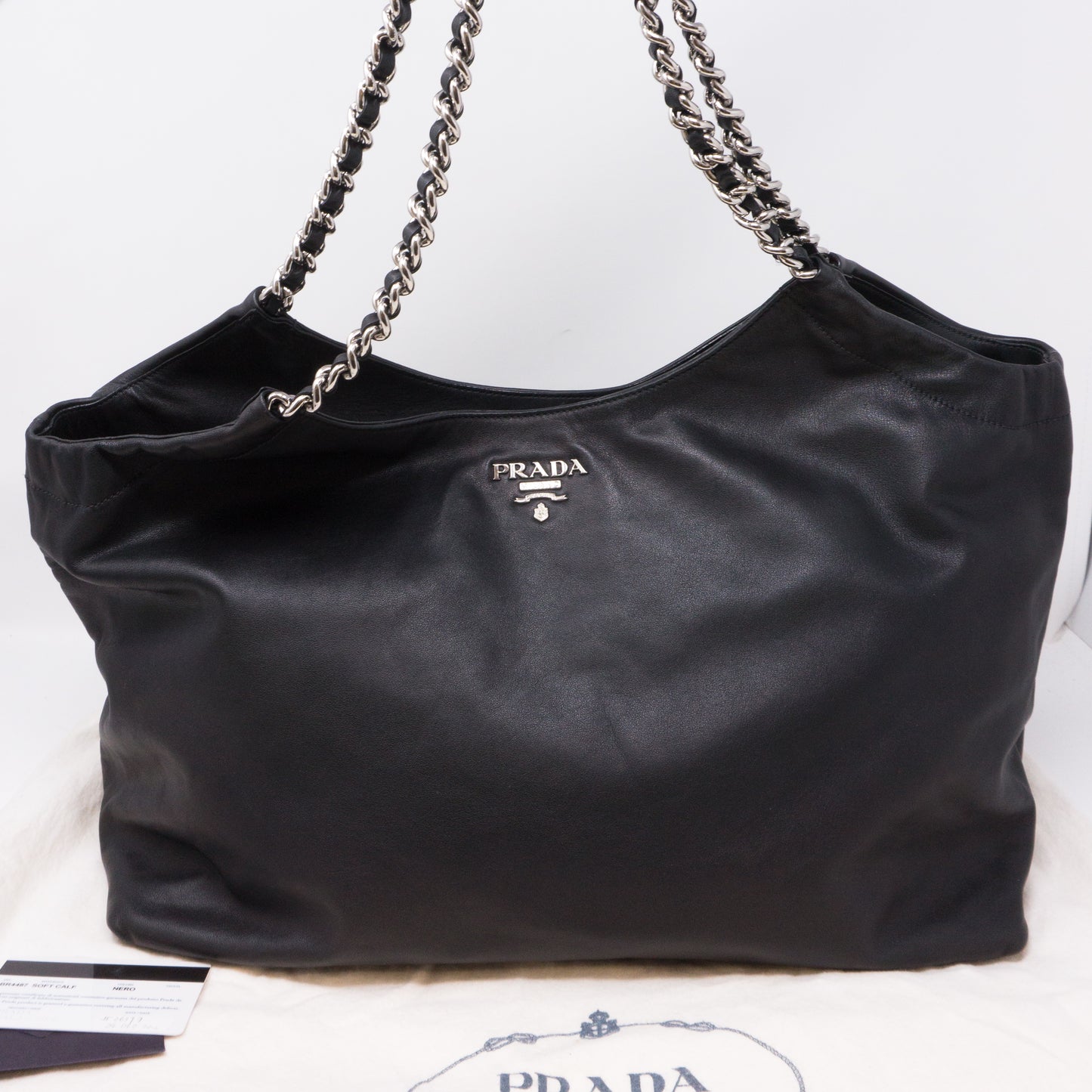 Soft Calfskin Black Leather Chain Tote Bag