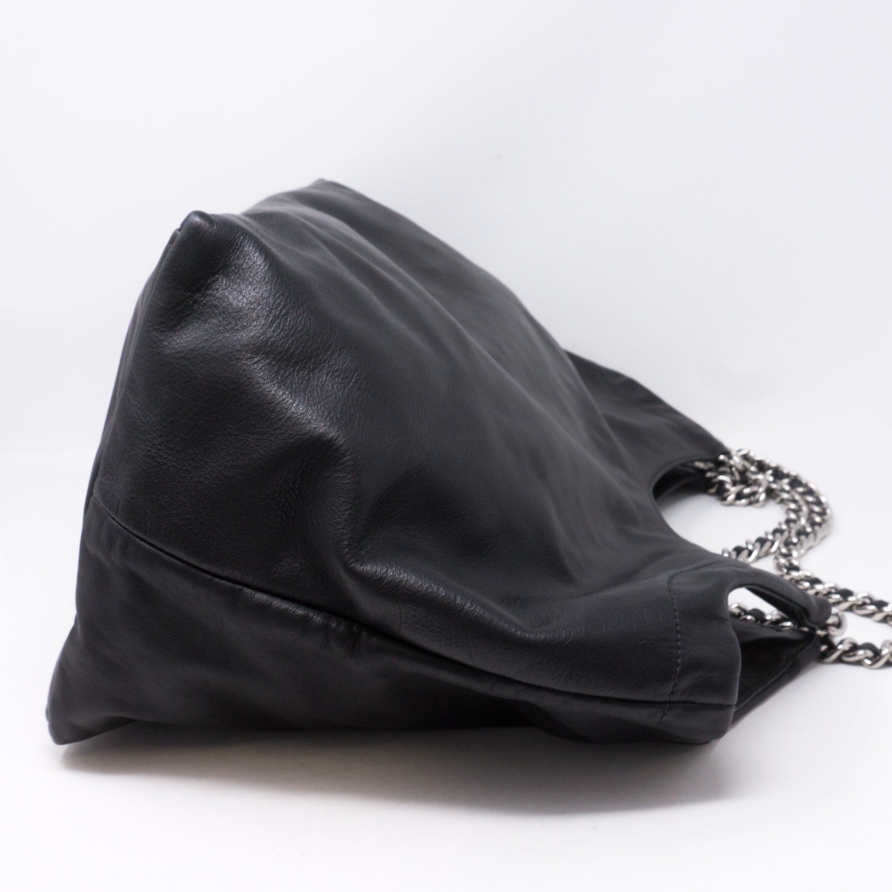 Soft Calfskin Black Leather Chain Tote Bag
