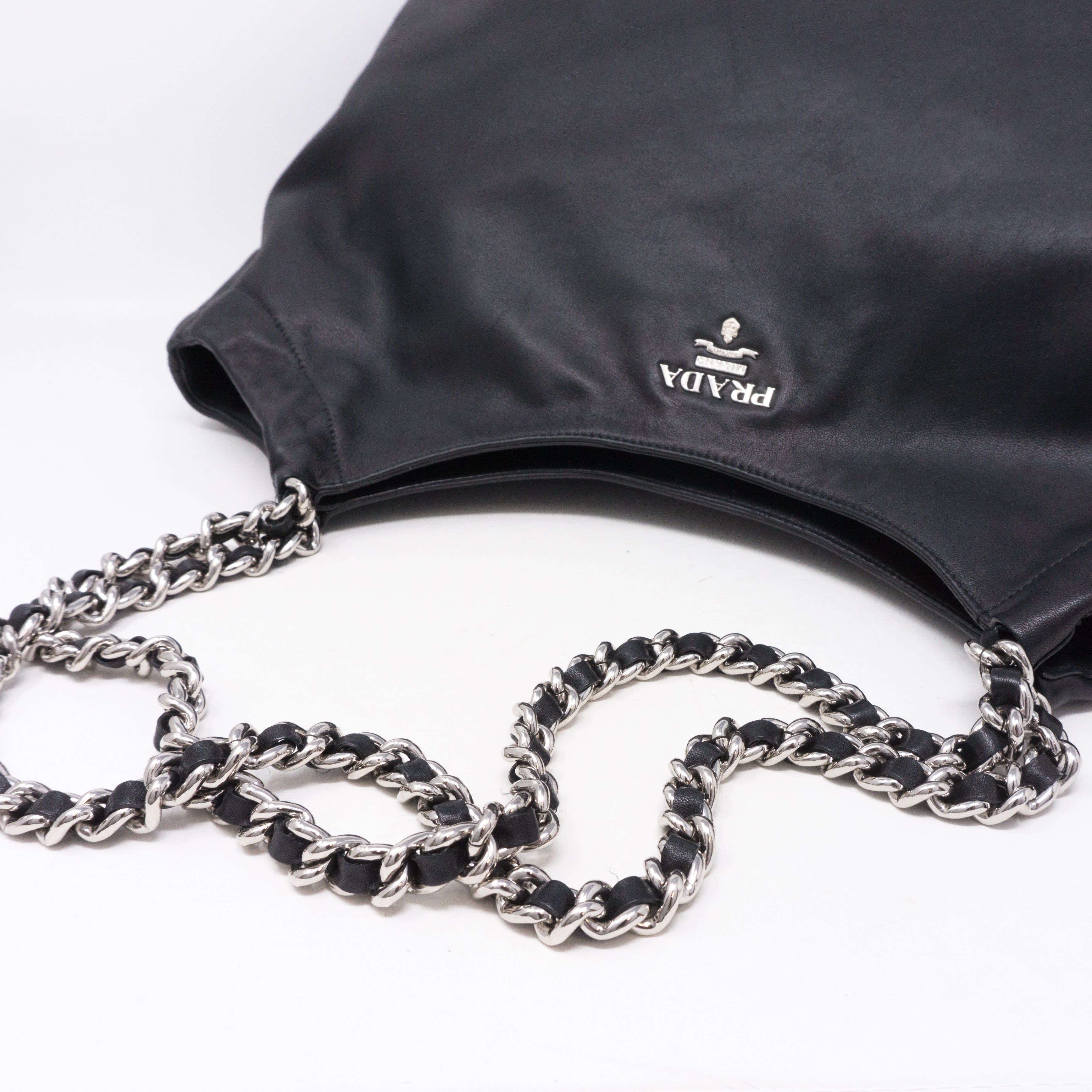 Prada Soft Calfskin Black Leather Chain Tote Bag Queen Station