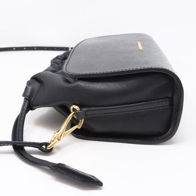 Drawstring Crossbody Black Leather Bag