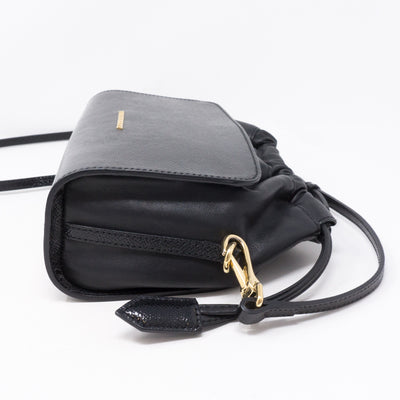 Drawstring Crossbody Black Leather Bag