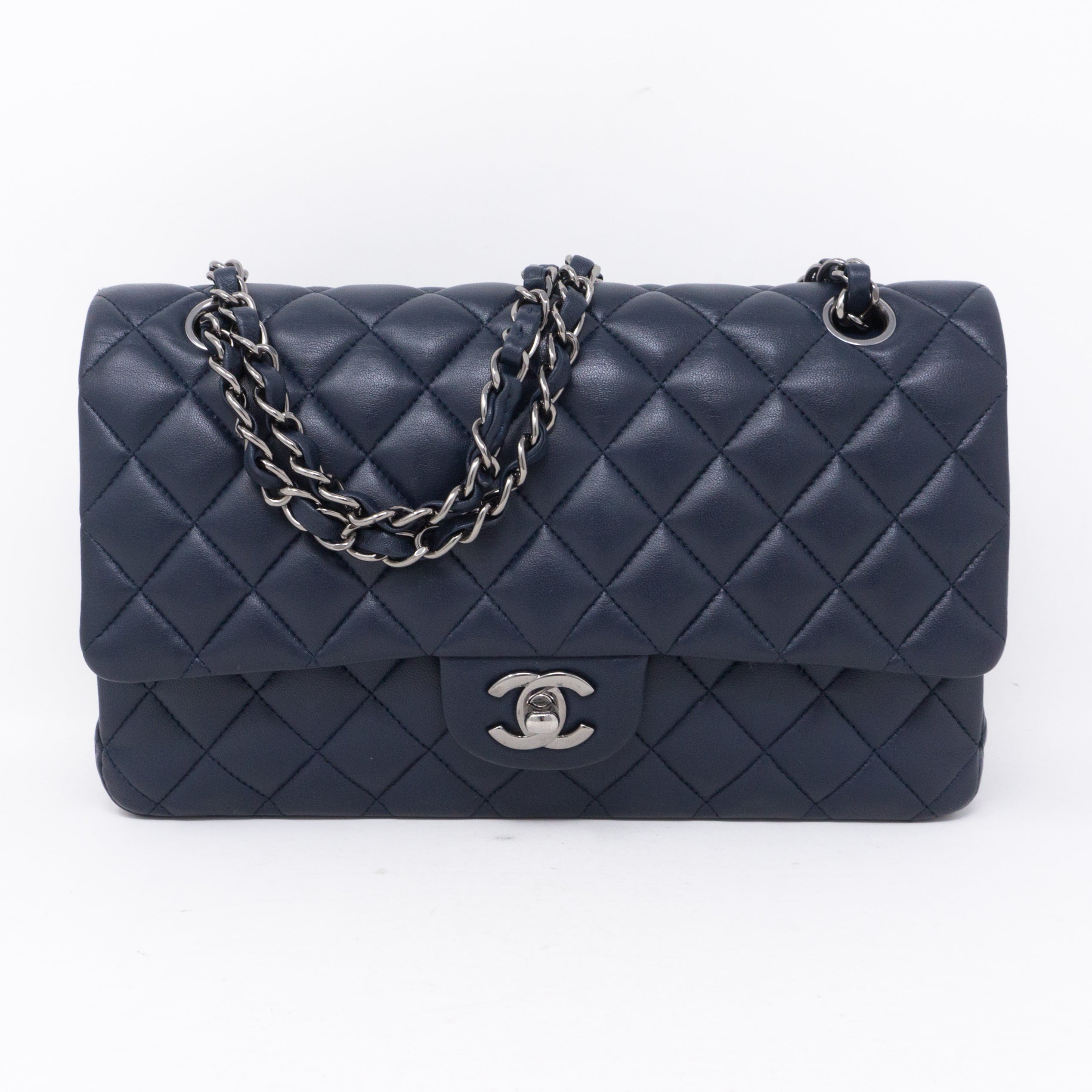 Chanel – Classic Double Flap Medium Navy Blue Silver – Queen Station