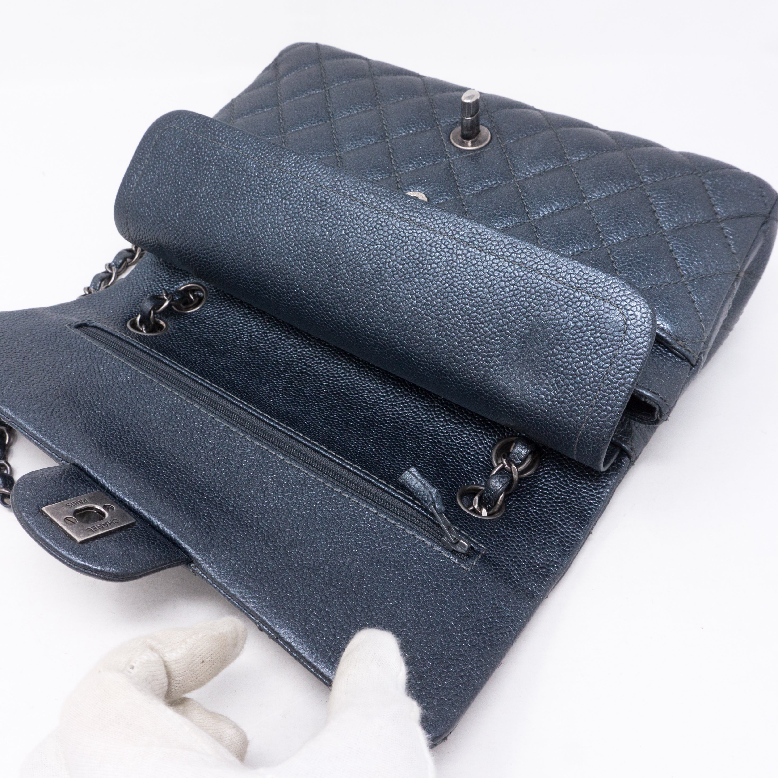 Classic Double Flap Medium Metallic Gray Silver