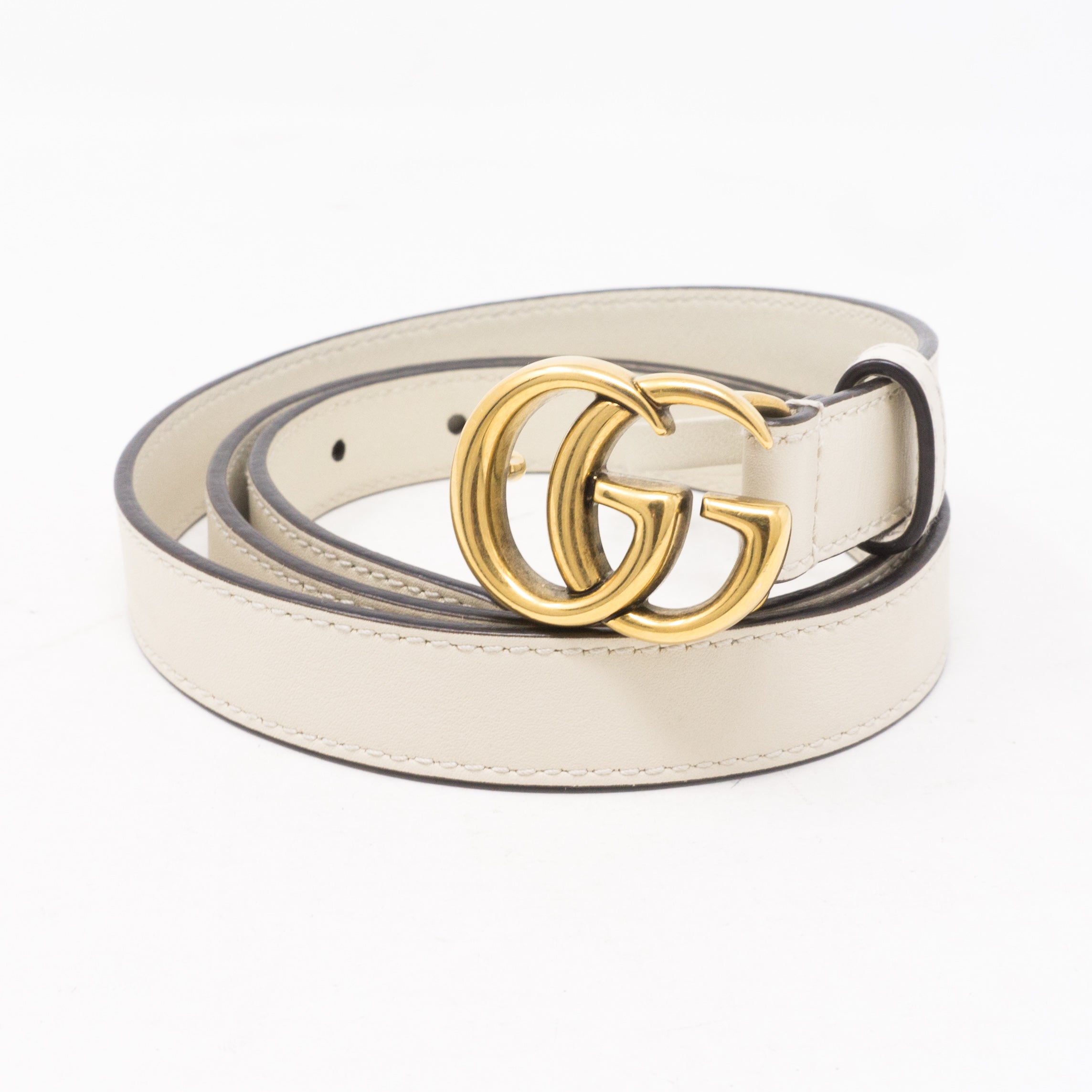 Double G Buckle White Leather Slim Belt 85 cm