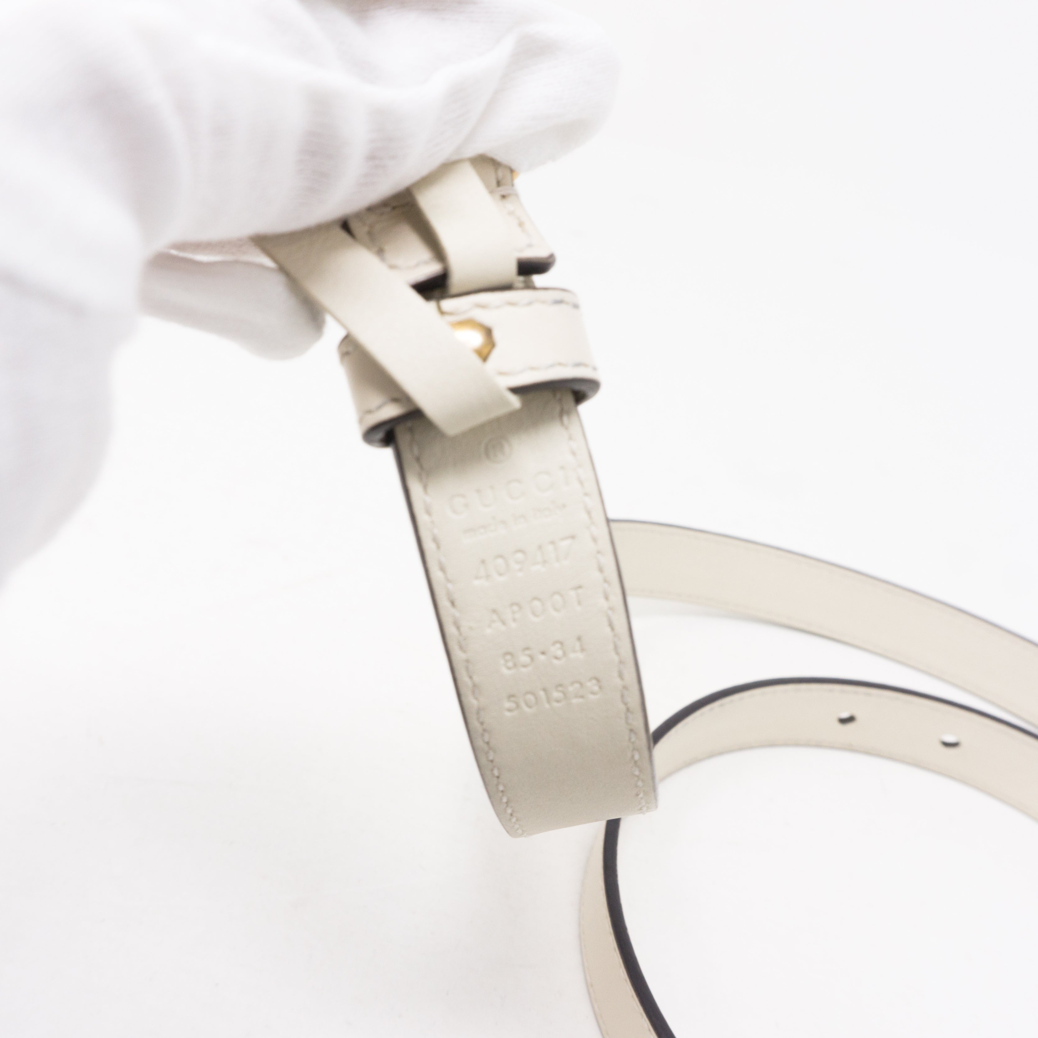 Double G Buckle White Leather Slim Belt 85 cm