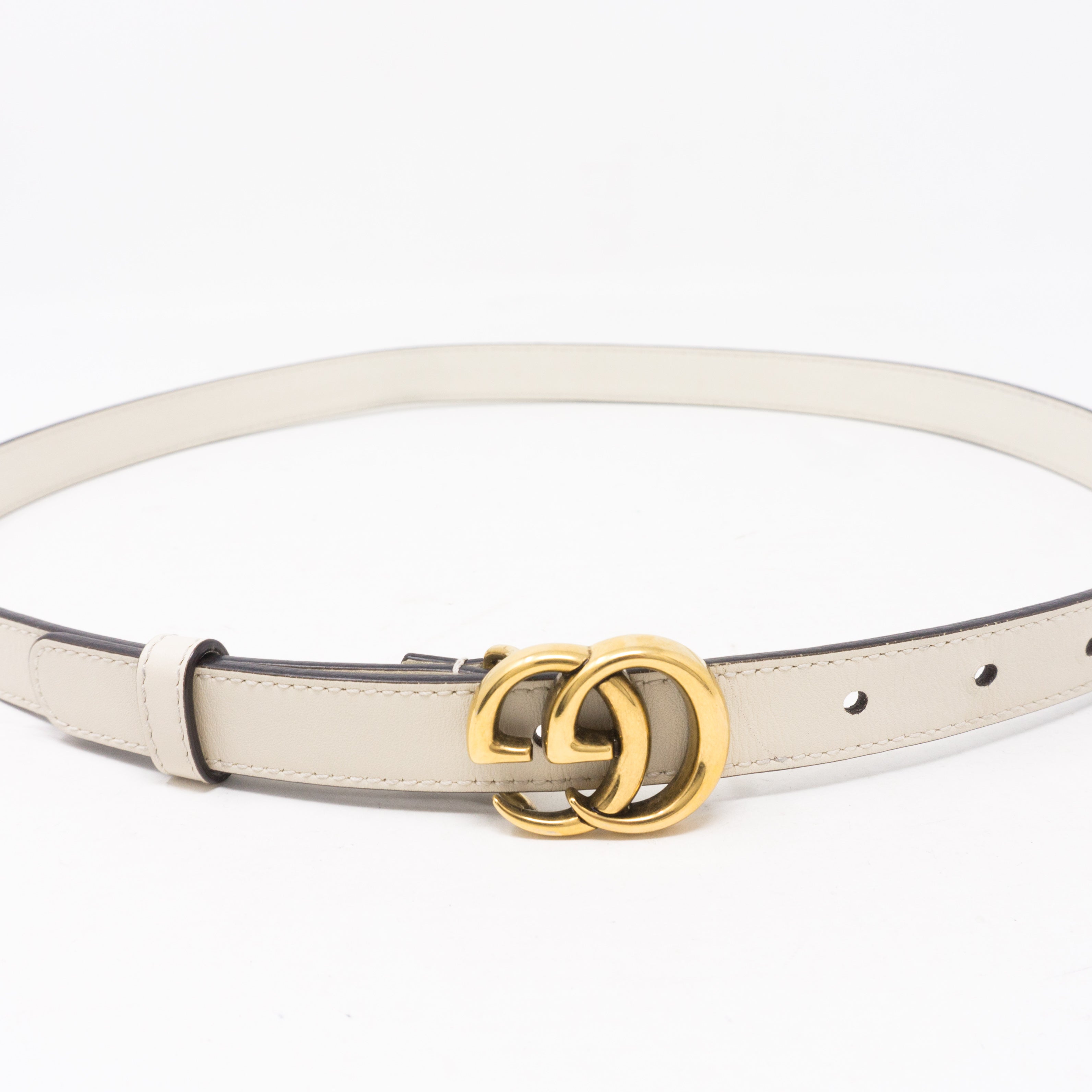 Double G Buckle White Leather Slim Belt 85 cm