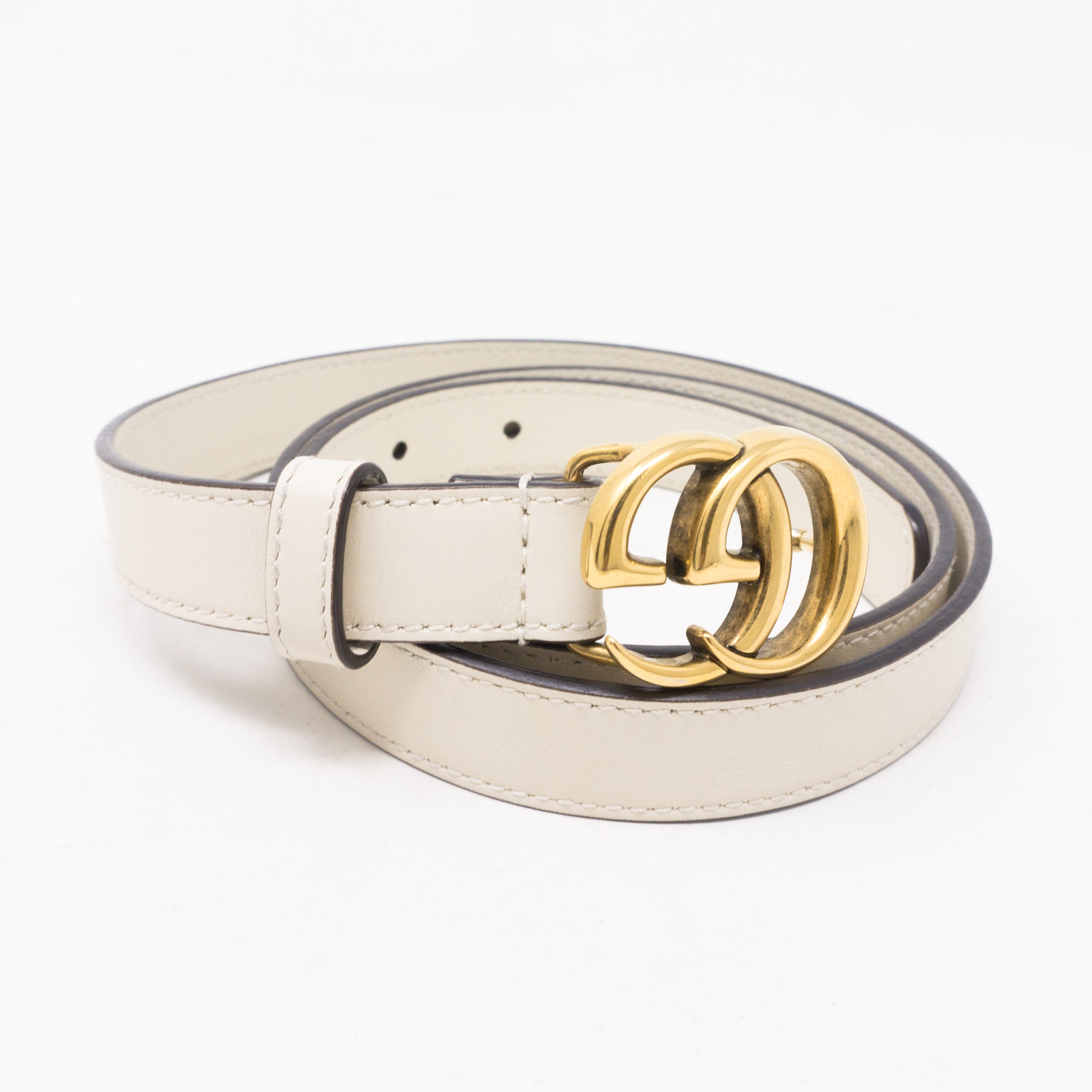 Double G Buckle White Leather Slim Belt 85 cm