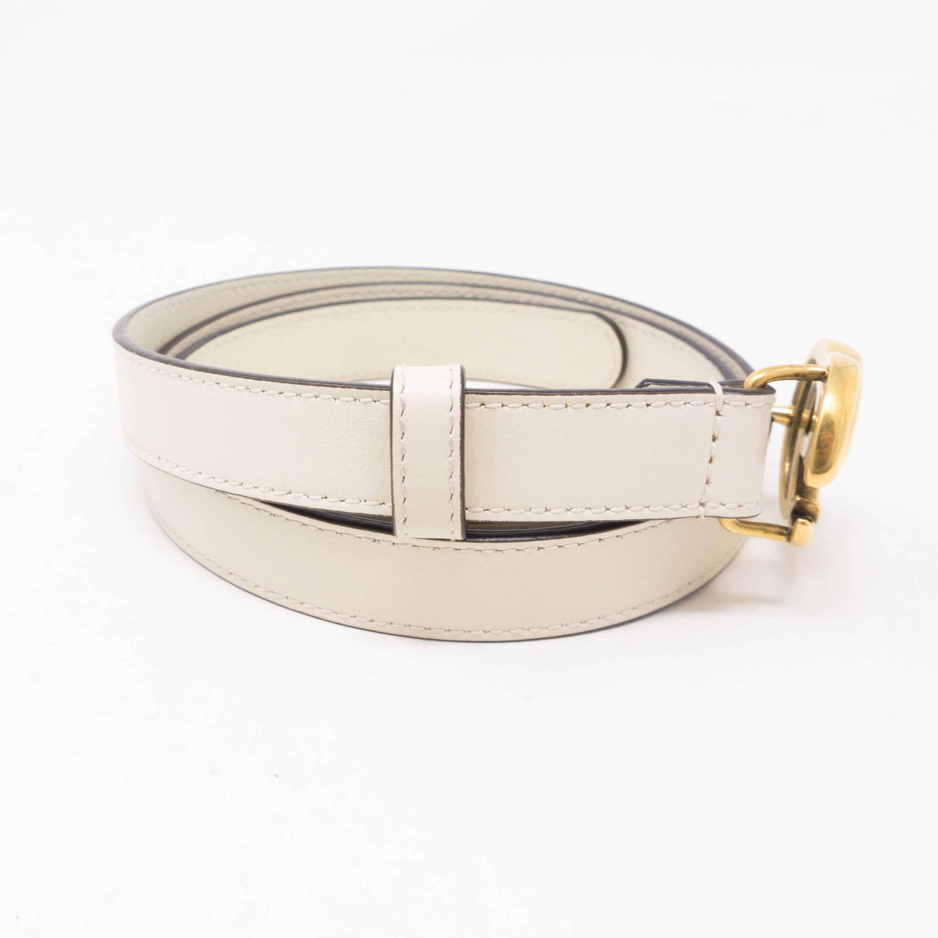 Double G Buckle White Leather Slim Belt 85 cm