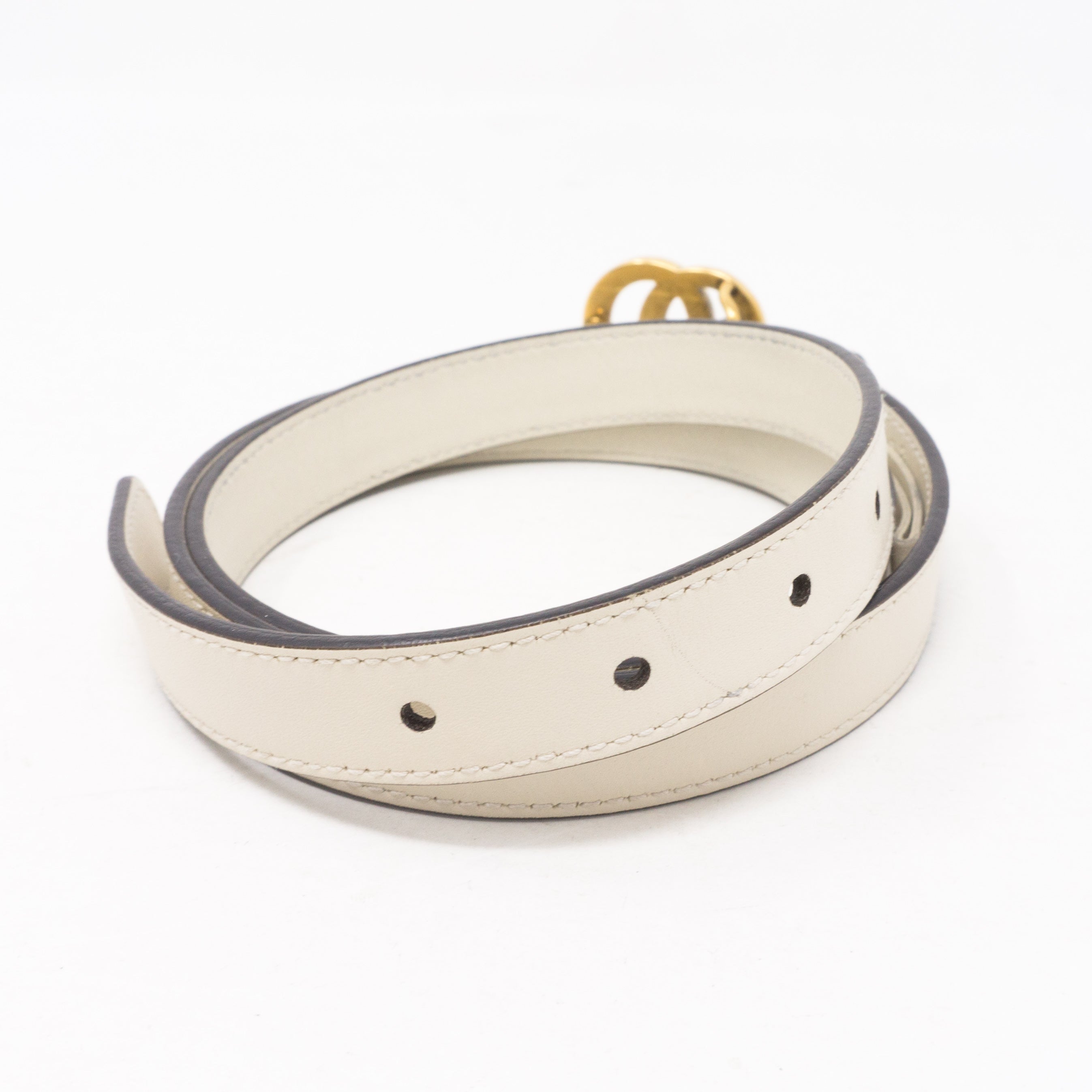 Double G Buckle White Leather Slim Belt 85 cm