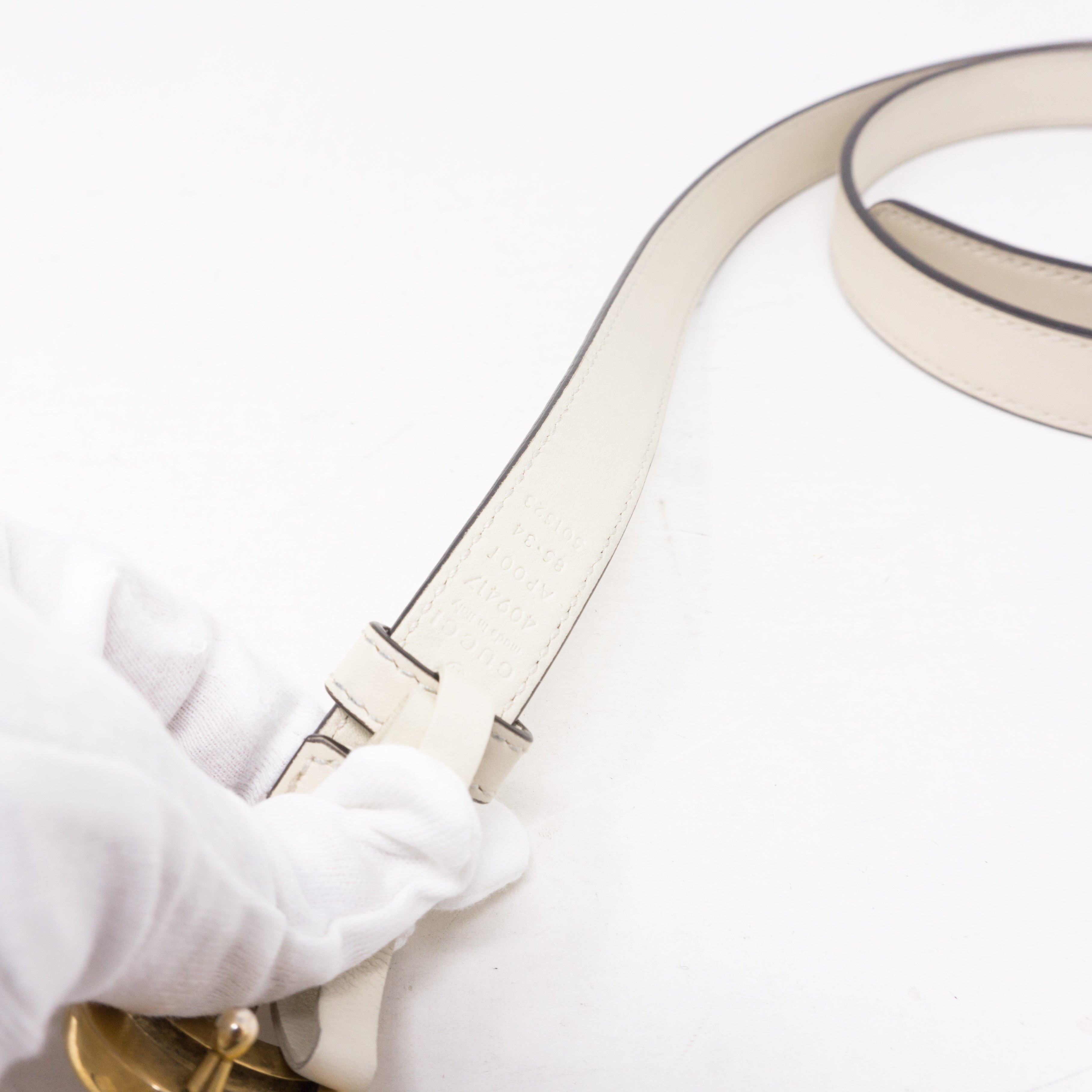 Double G Buckle White Leather Slim Belt 85 cm