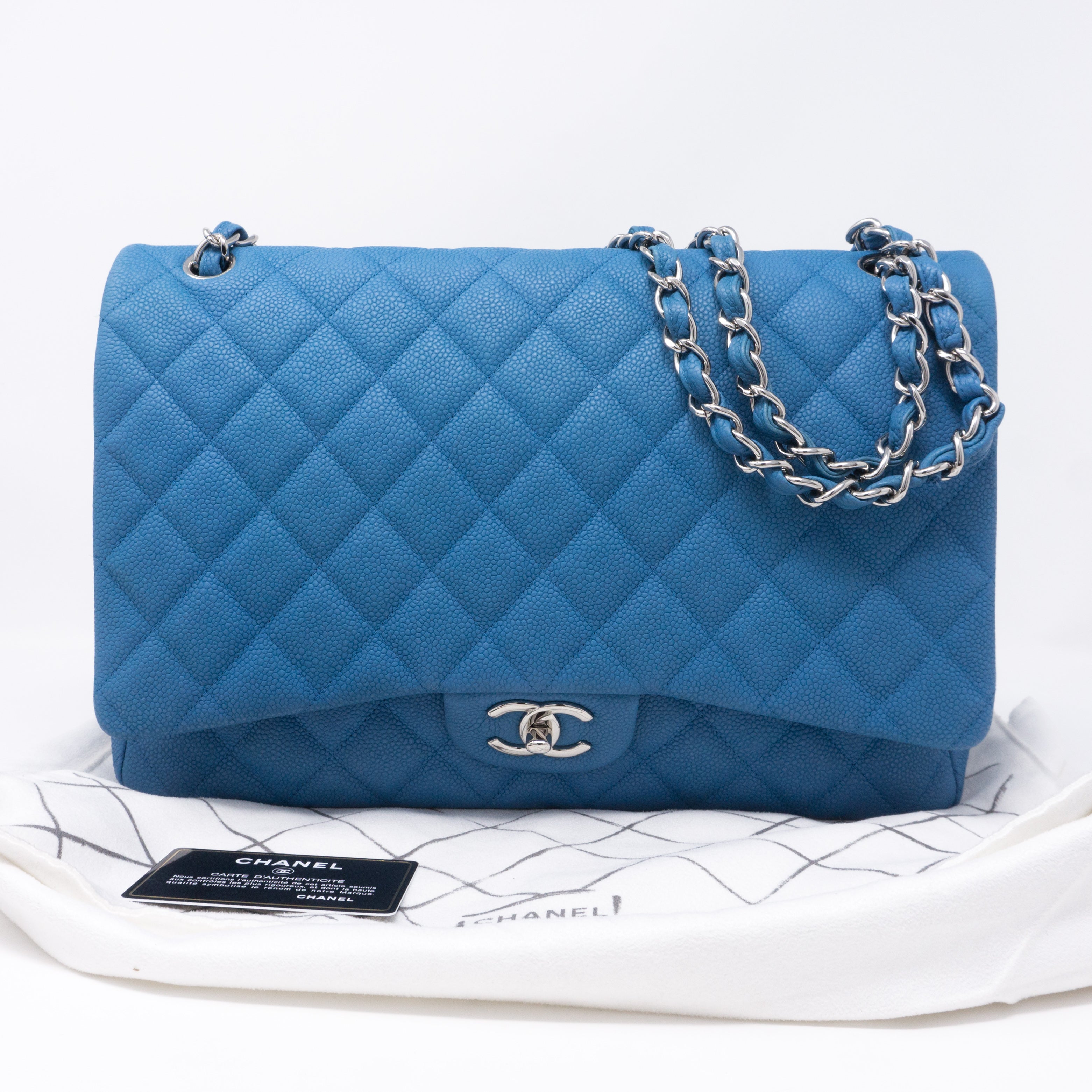 Classic Double Flap Maxi Blue Matte Caviar Leather