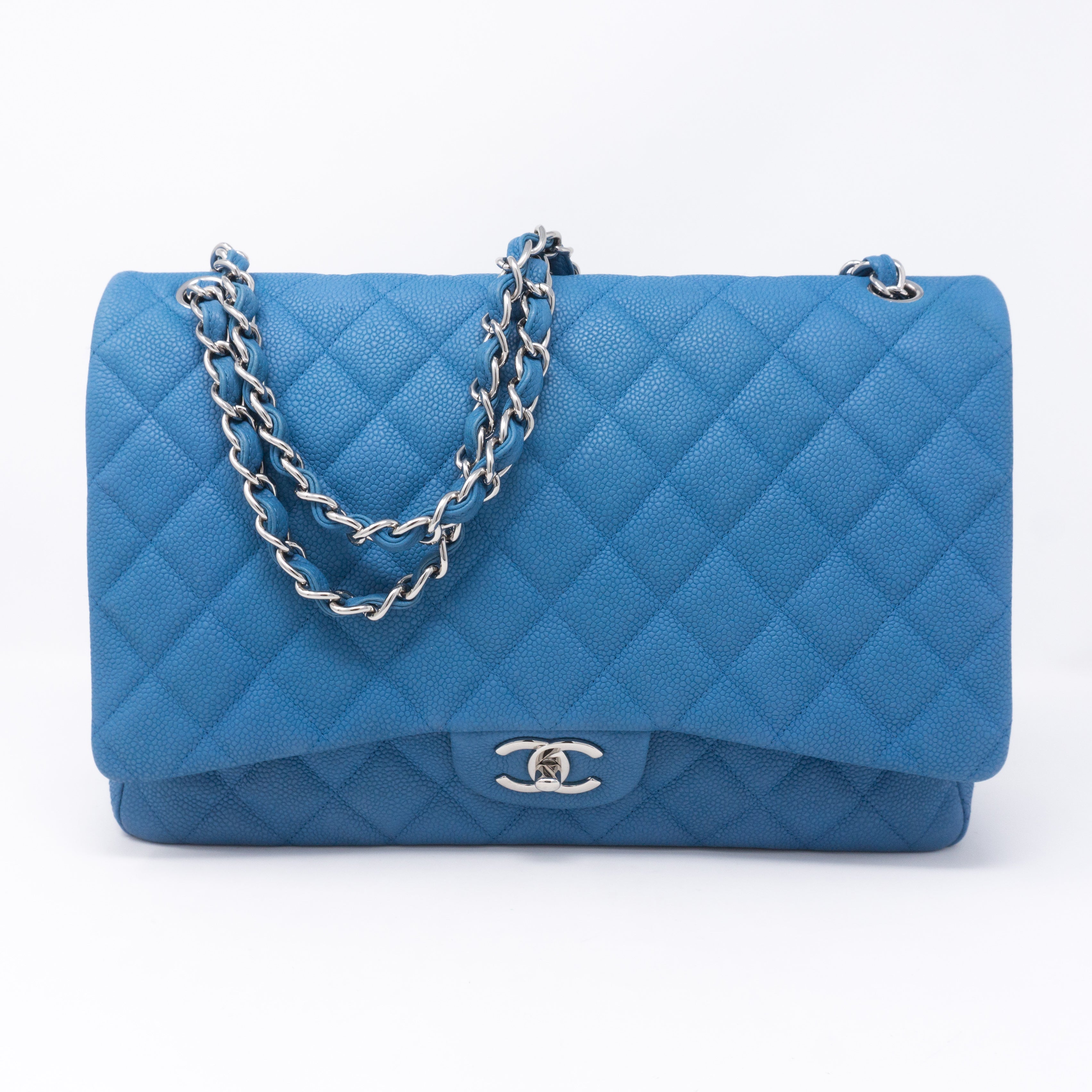 Classic Double Flap Maxi Blue Matte Caviar Leather