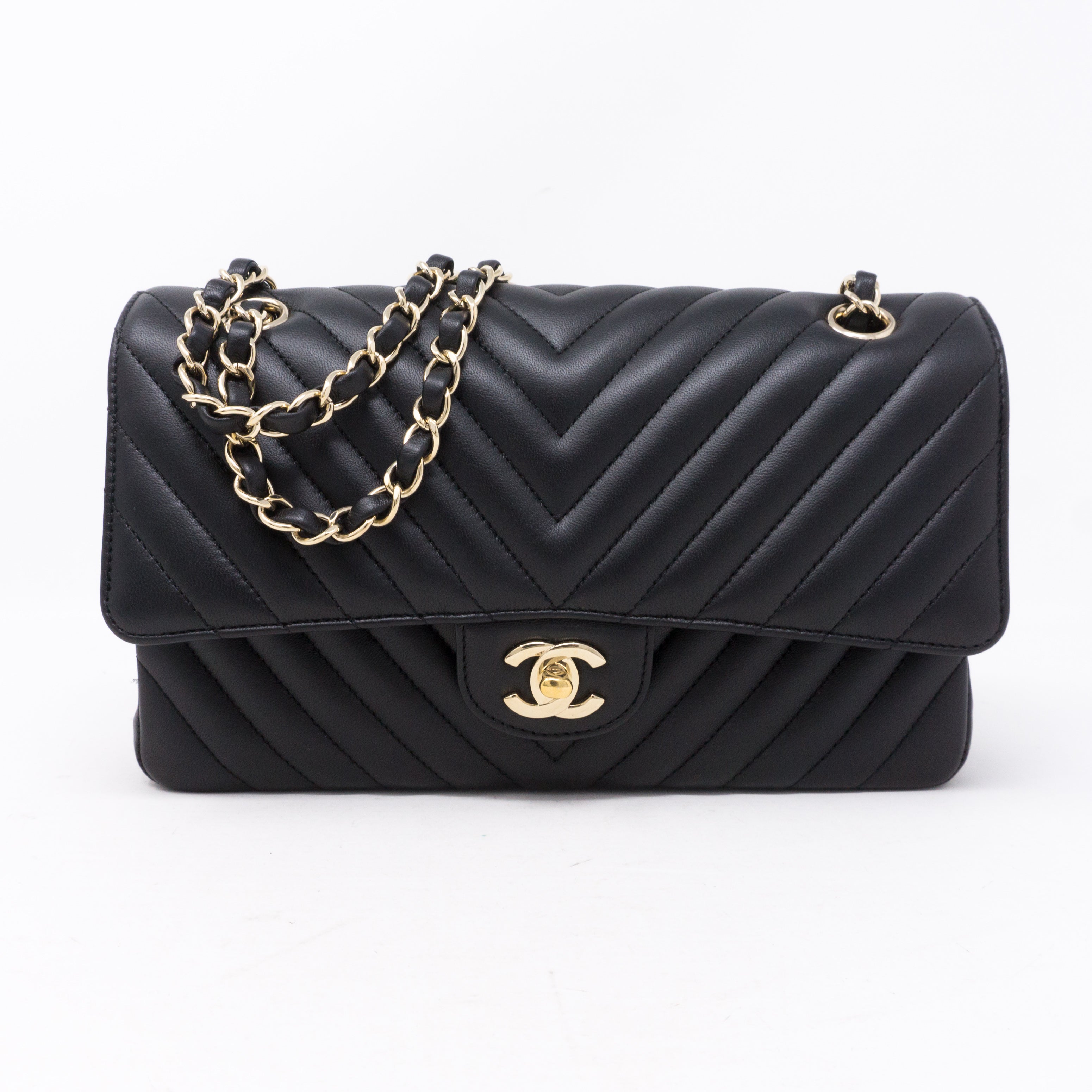 Classic Double Flap Medium Chevron Black Gold