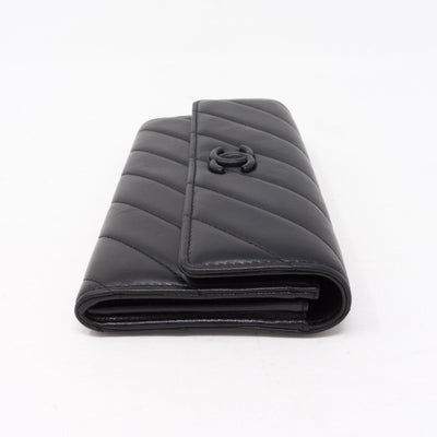 Long Flap Wallet Black Leather
