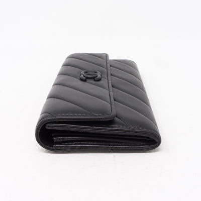 Long Flap Wallet Black Leather