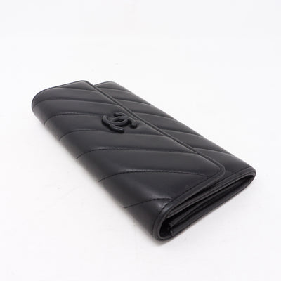 Long Flap Wallet Black Leather