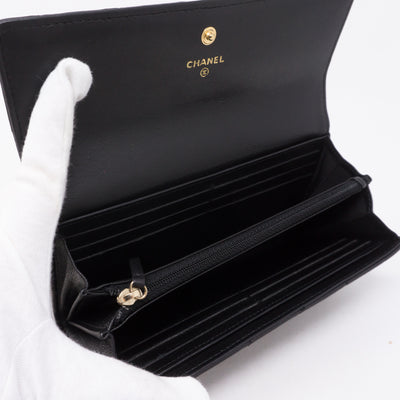 Long Flap Wallet Black Leather