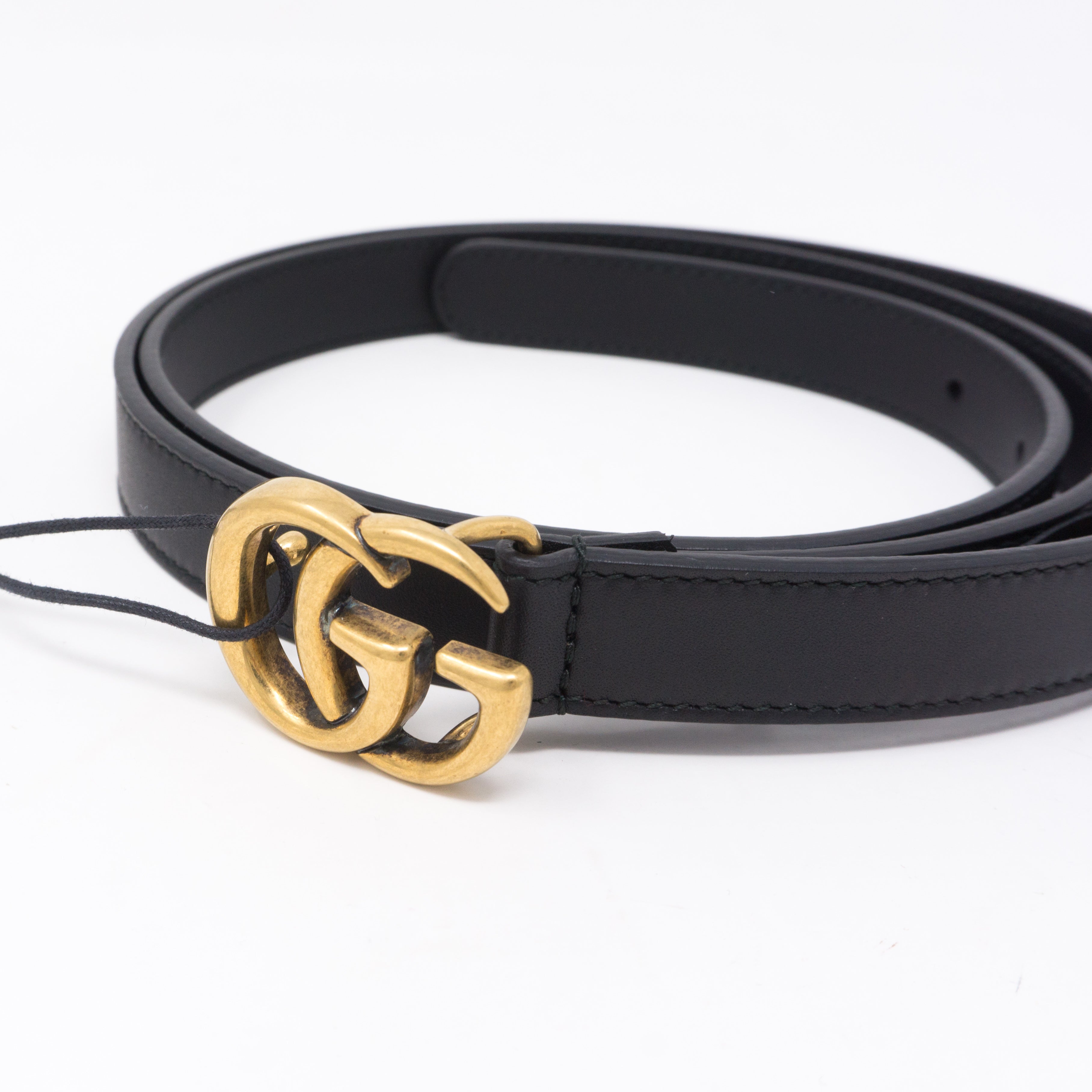 Double G Buckle Black Leather Slim Belt 100 cm