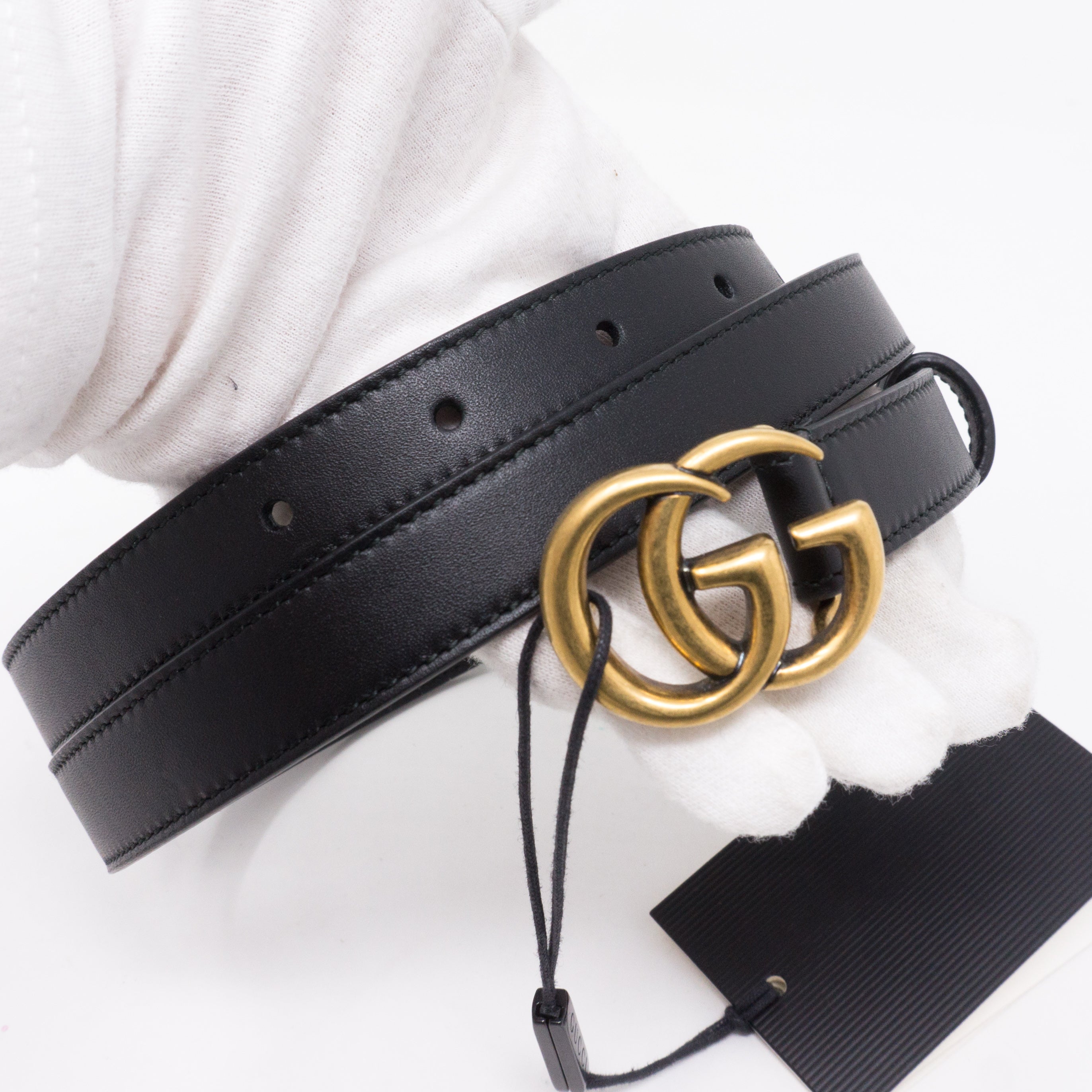 Double G Buckle Black Leather Slim Belt 100 cm