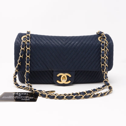 Surpique Chevron Single Flap Medium Navy Blue