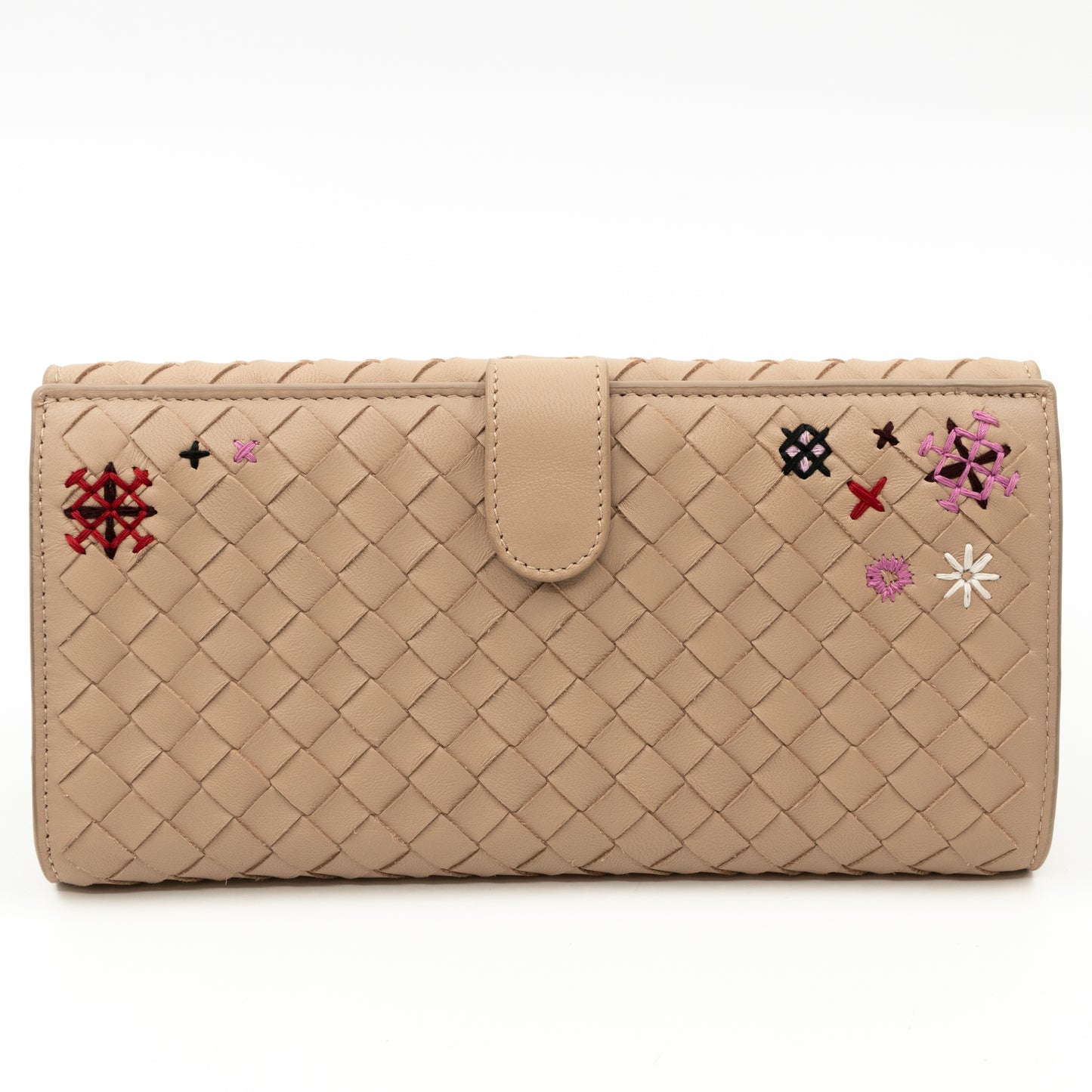 Trifold Wallet Embroidered Intrecciato Leather Beige