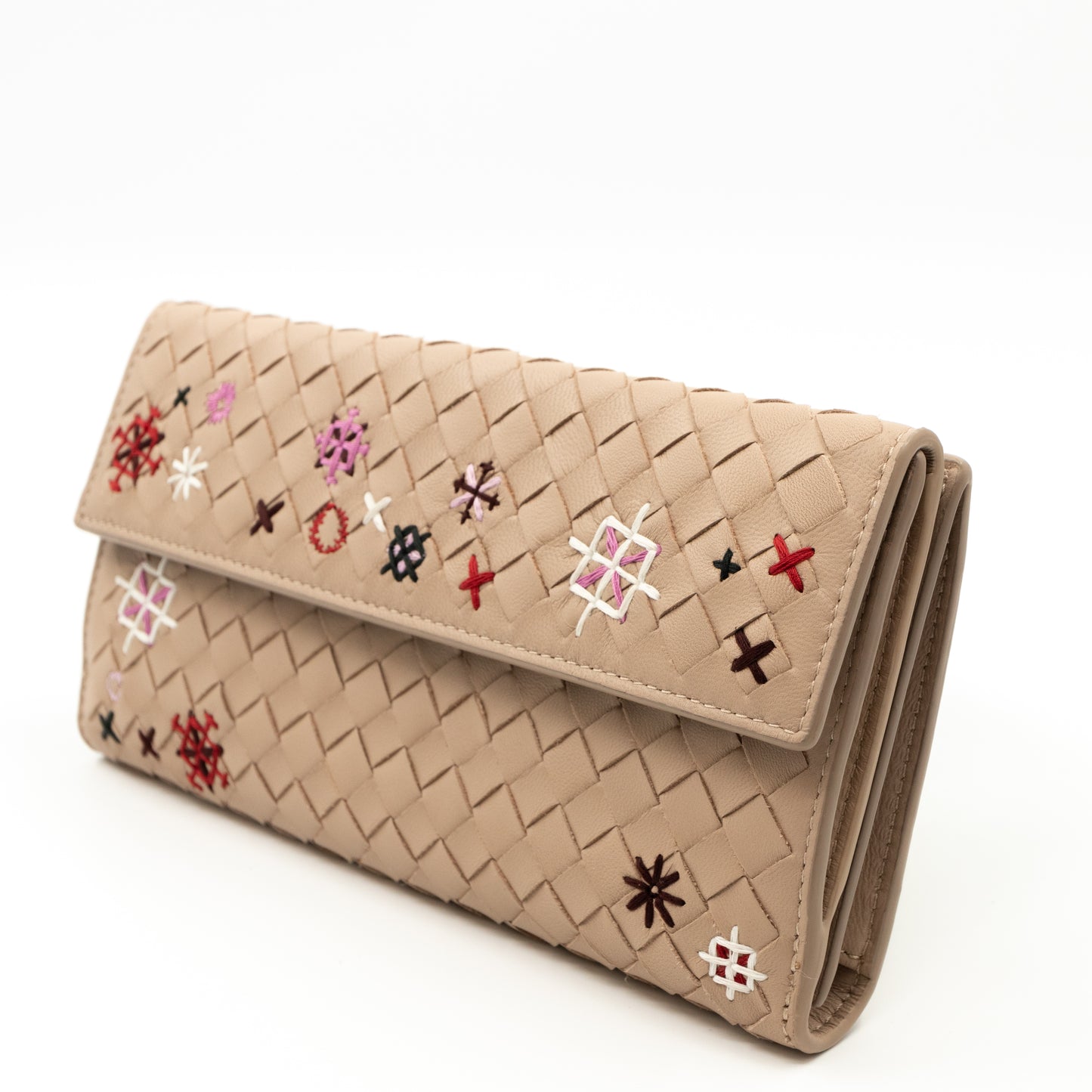 Trifold Wallet Embroidered Intrecciato Leather Beige